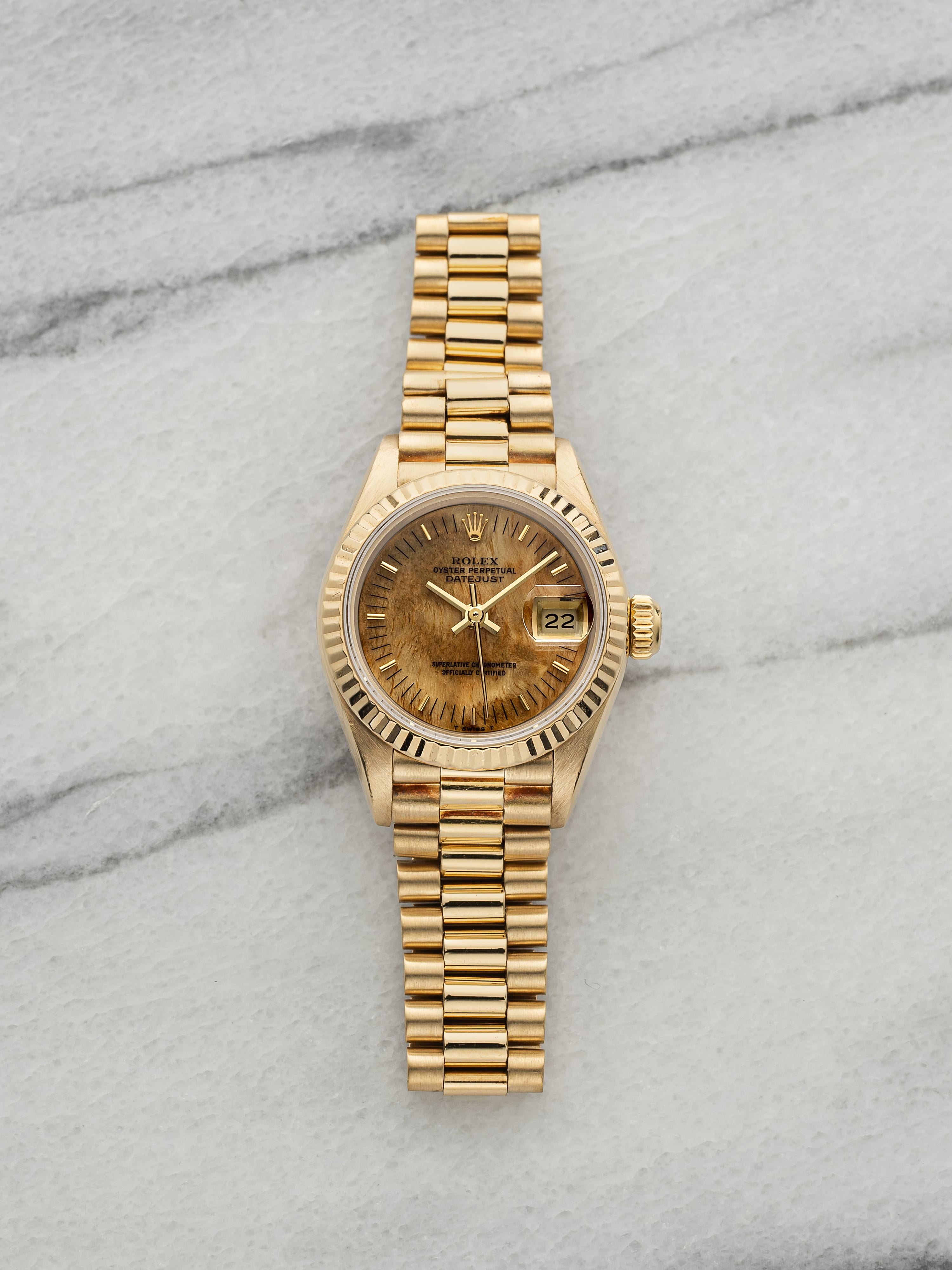 Vintage 1986 Rolex Lady Datejust 69178 18K YG Birch Wood Dial Auto 26mm