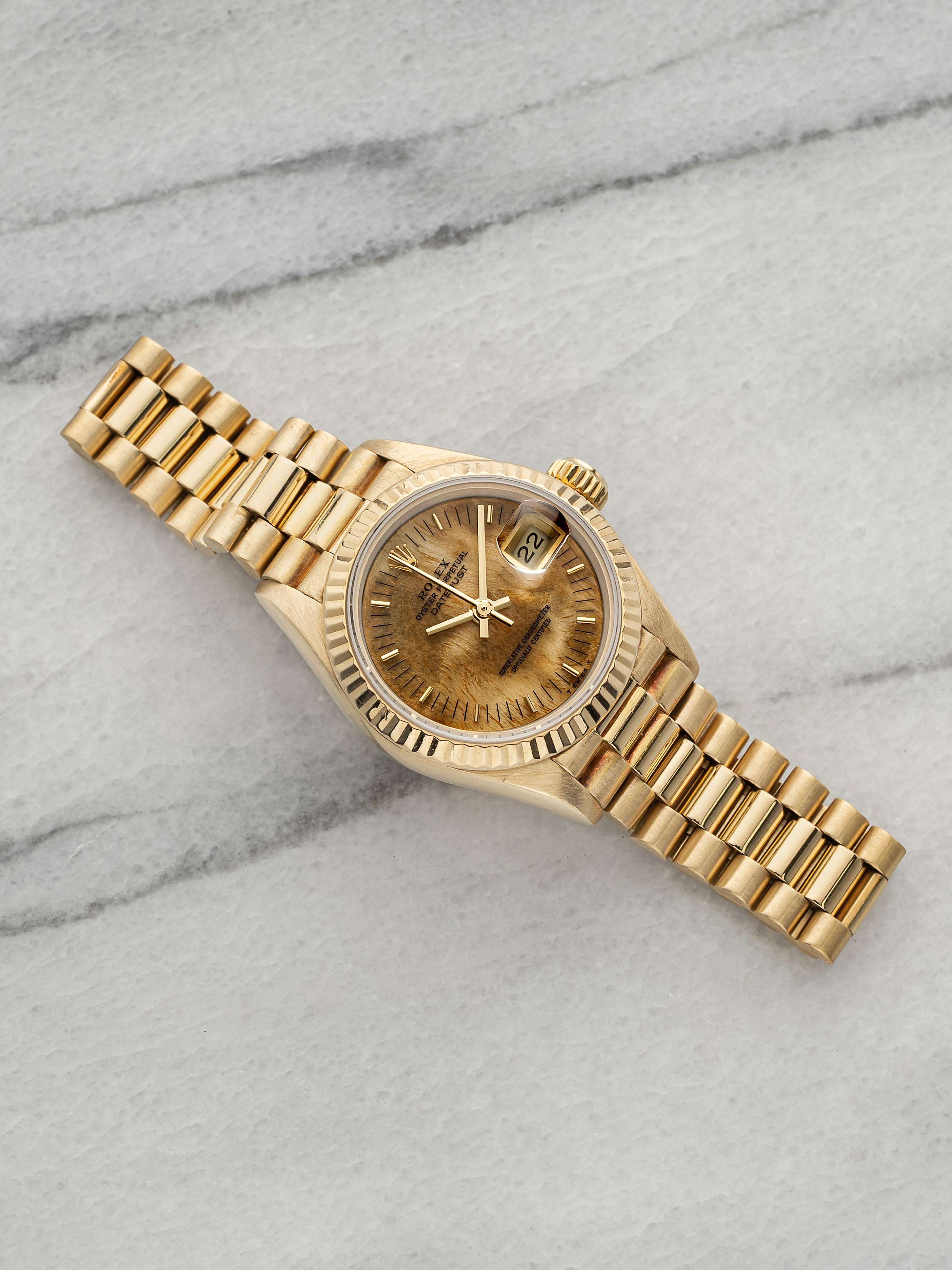 Vintage 1986 Rolex Lady Datejust 69178 18K YG Birch Wood Dial Auto 26mm