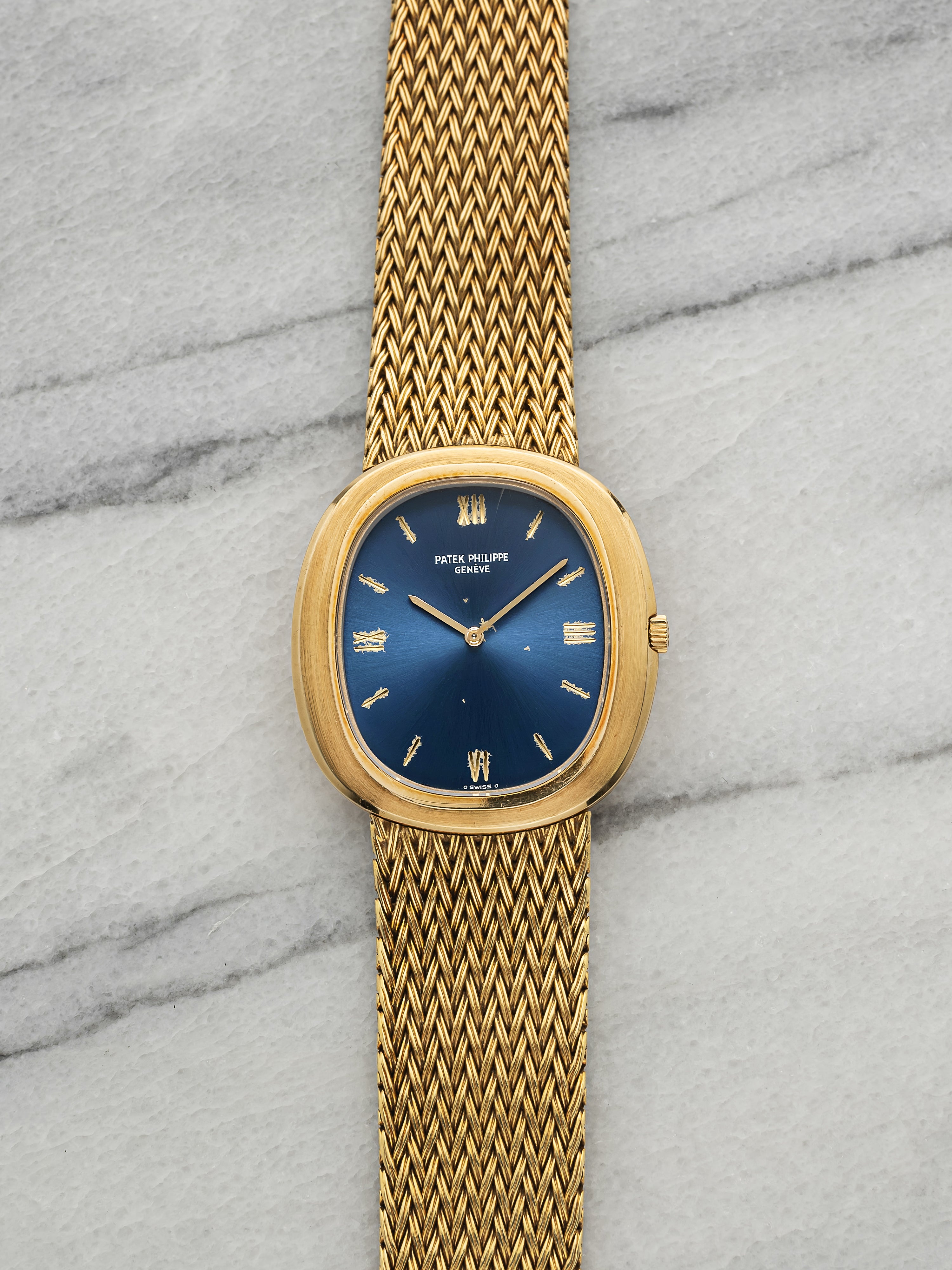Vintage 1970s Patek Philippe Ellipse 3589/1 18K Yellow Gold Blue Dial Auto 33mm