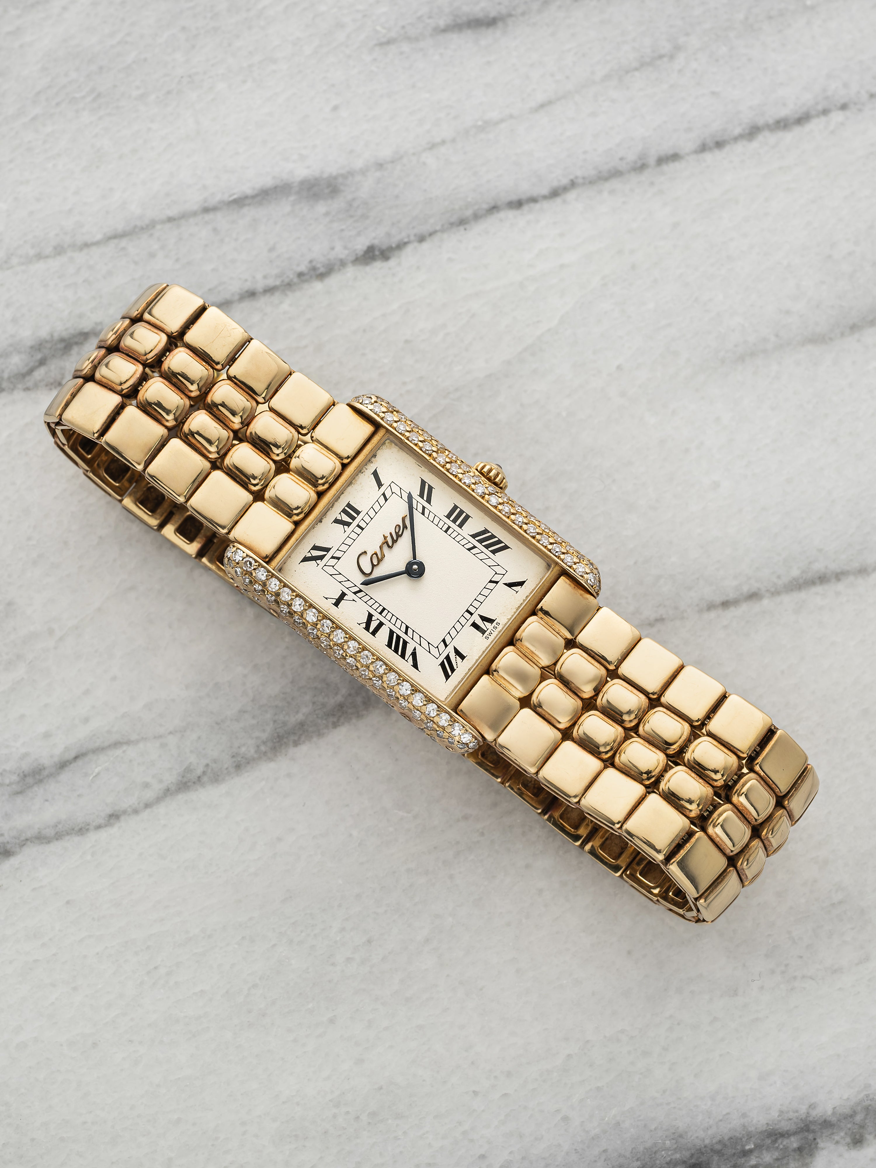 Vintage 1980s Cartier Tank Louis 81086 18K YG White Dial Diamond Quartz 23mm
