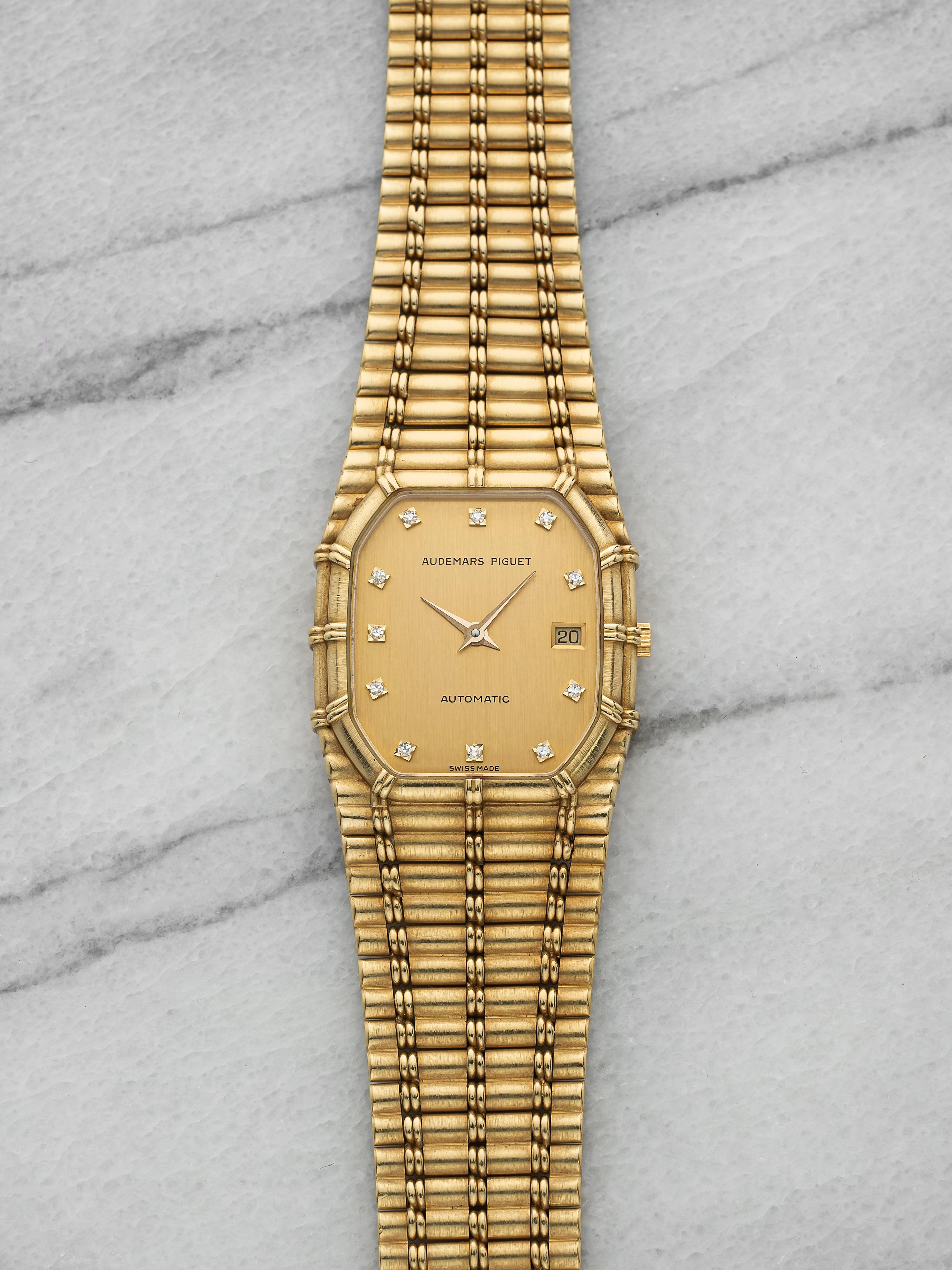 Vintage 1980s Audemars Piguet Bamboo Date 18K YG Diamond Dial Auto 23mm