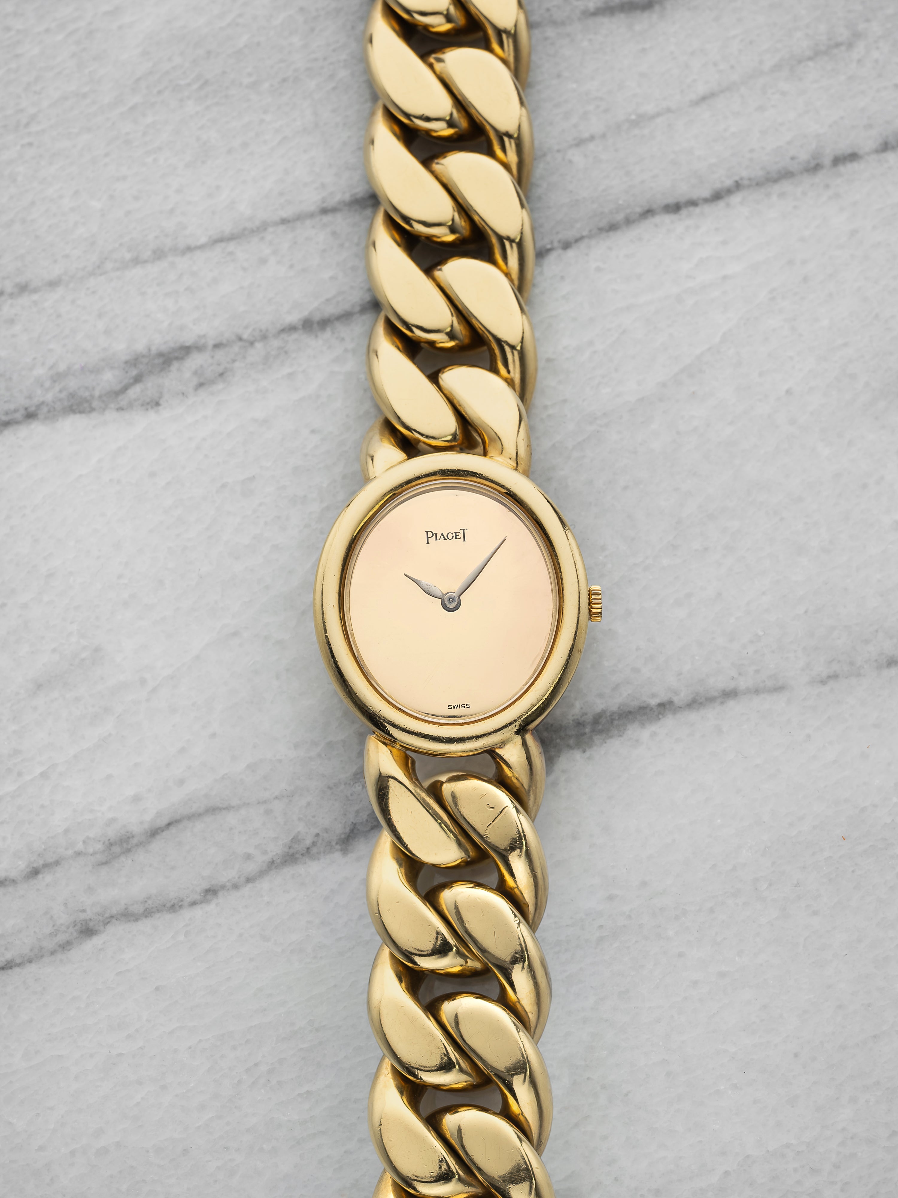 Vintage 1970s Piaget Cuban Link 9812 N160 18k Yellow Gold Foil Dial Manual 24 mm