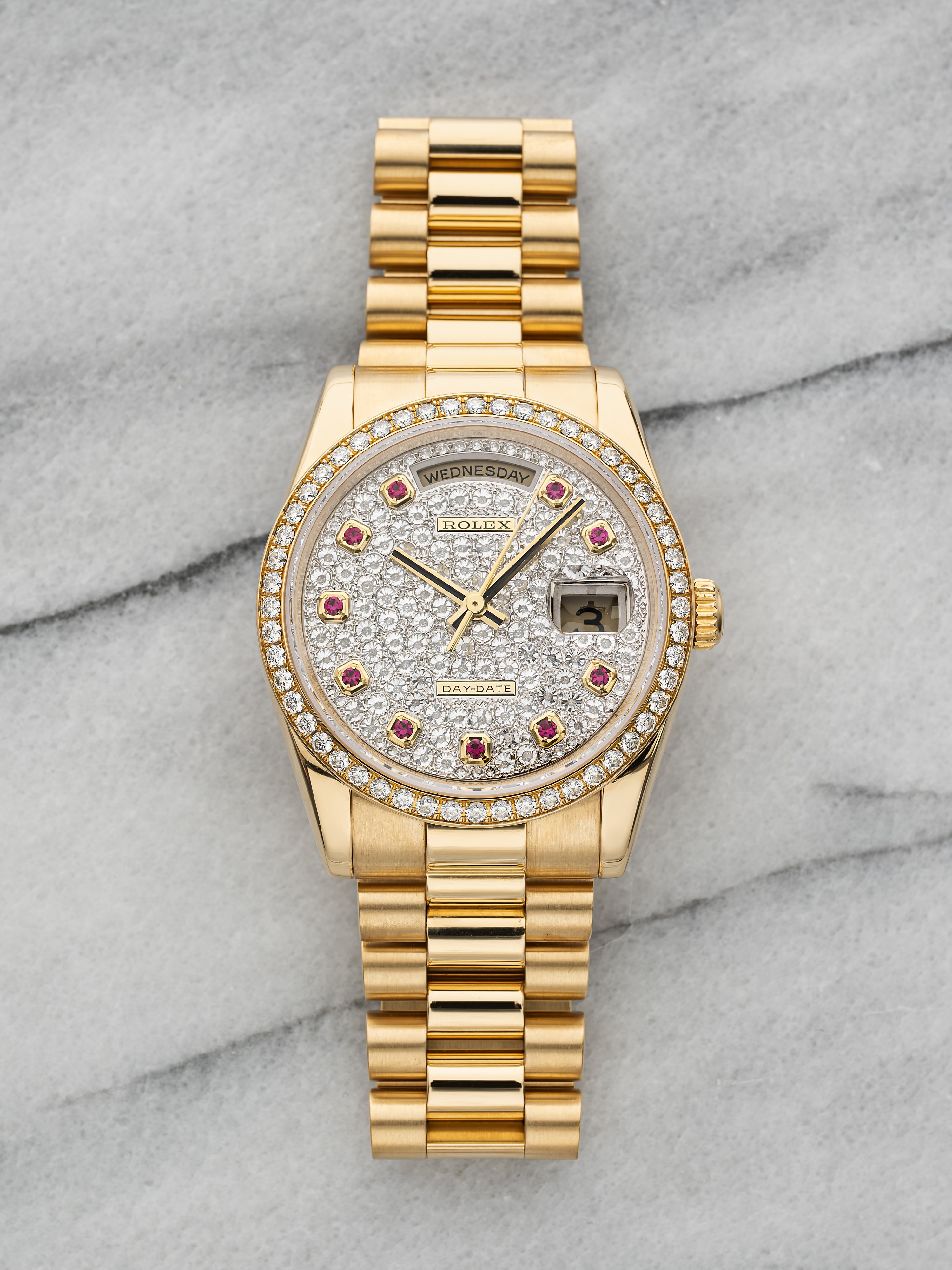2009 Rolex Day-Date 118348 - Diamond Bezel Pave Ruby Dial