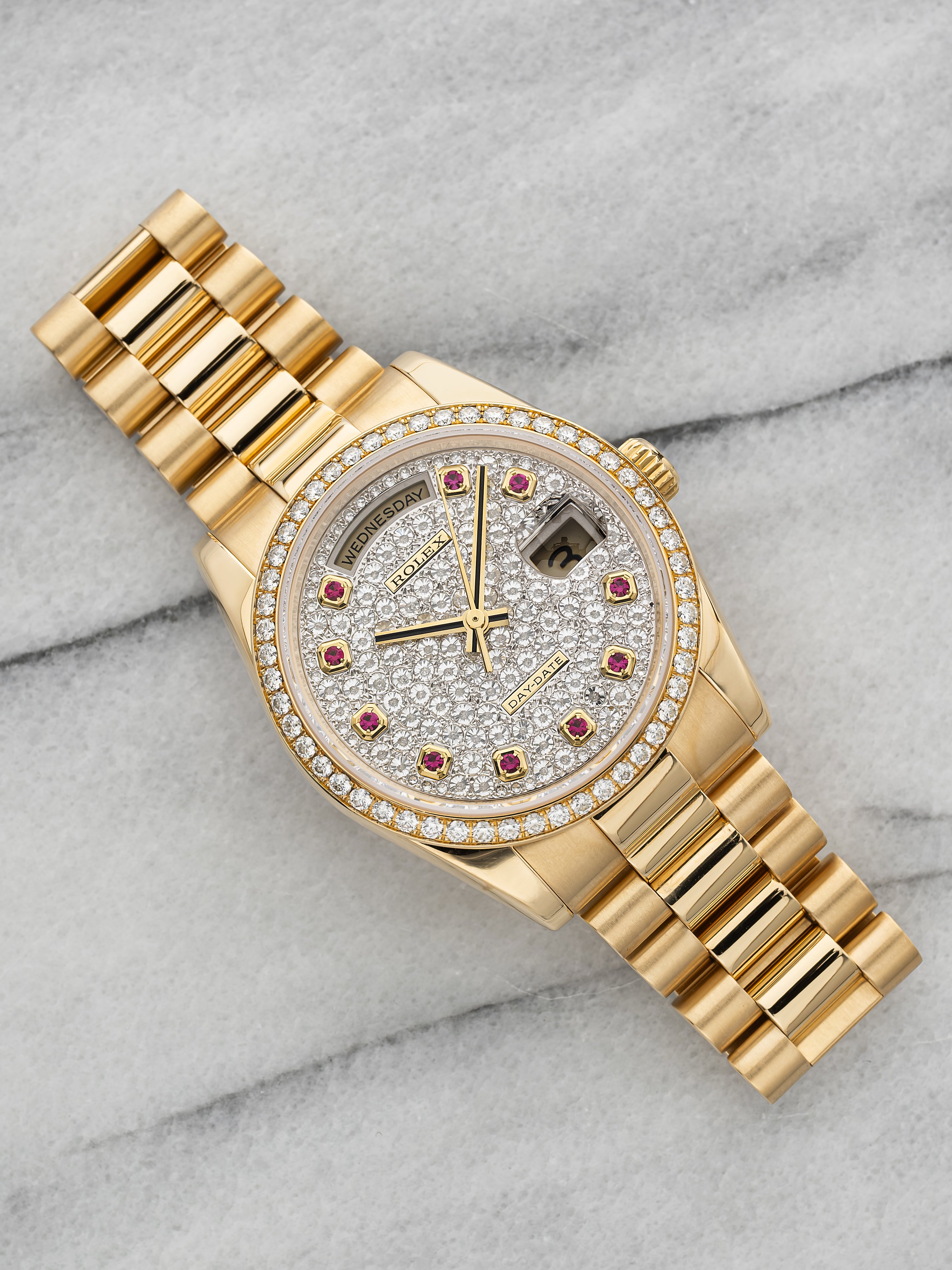 2009 Rolex Day-Date 118348 - Diamond Bezel Pave Ruby Dial