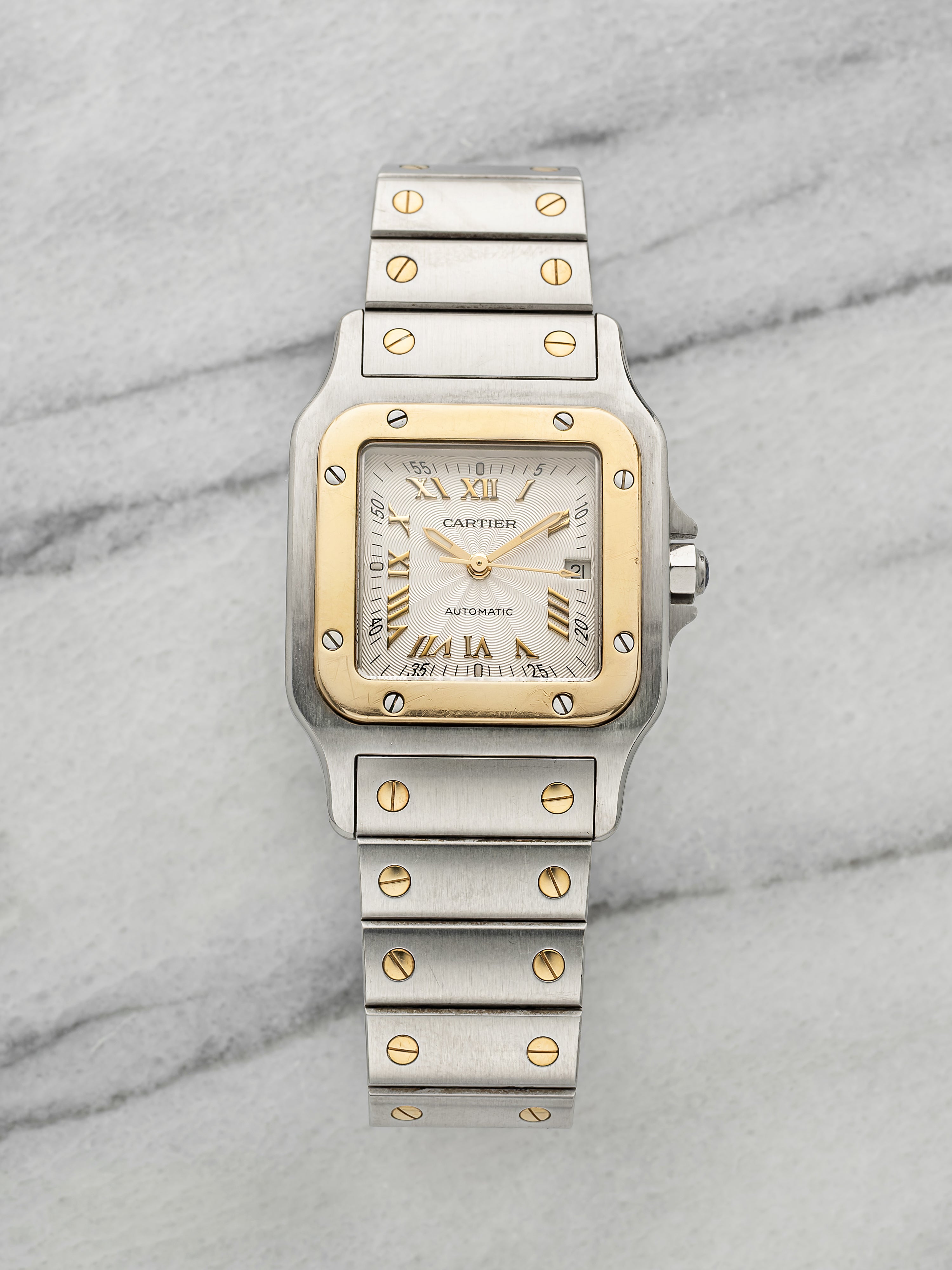 Vintage 1990s Cartier Lady Santos Galbee 1567 TT White Guilloche Quartz 29mm