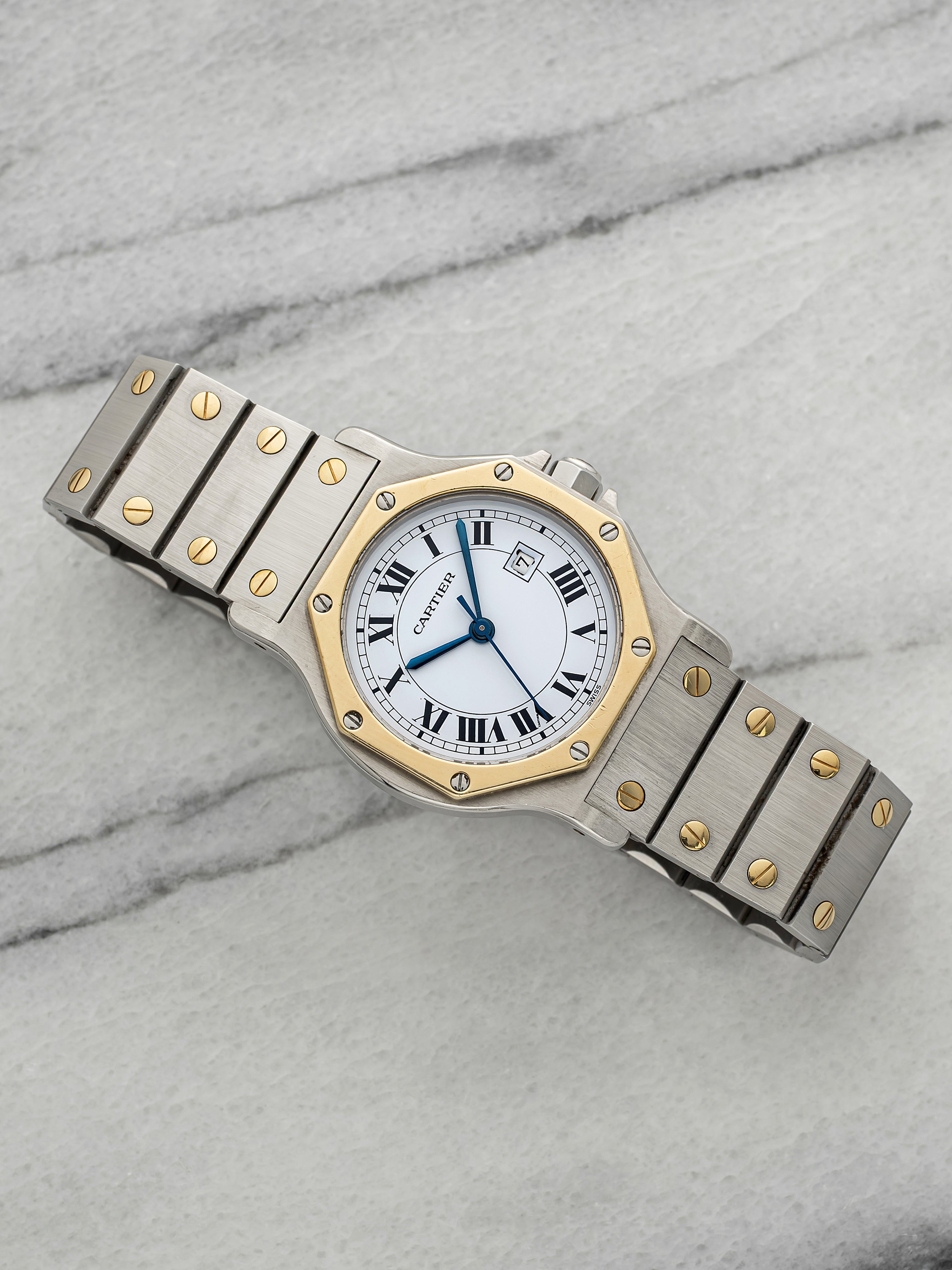 Vintage 1990s Cartier Santos Octagonal 2966 Two-Tone White Roman Dial Auto 30mm