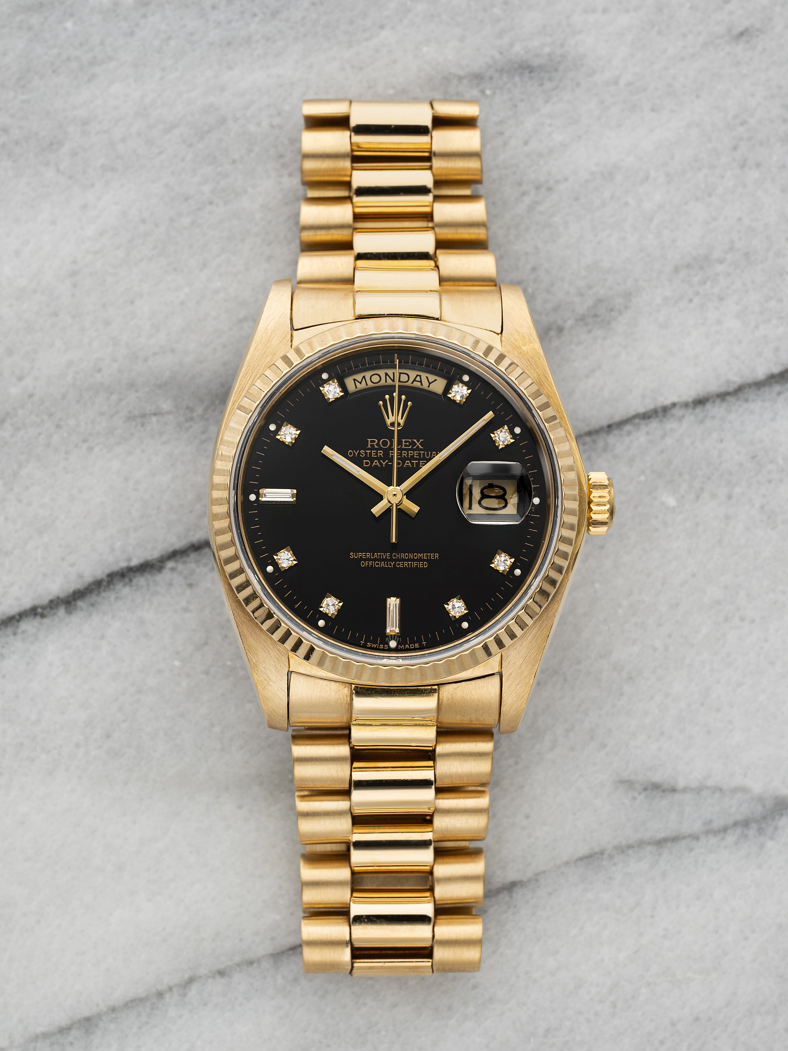 1985 Rolex Day-Date 18038 - Yellow Gold Black Diamond Dial