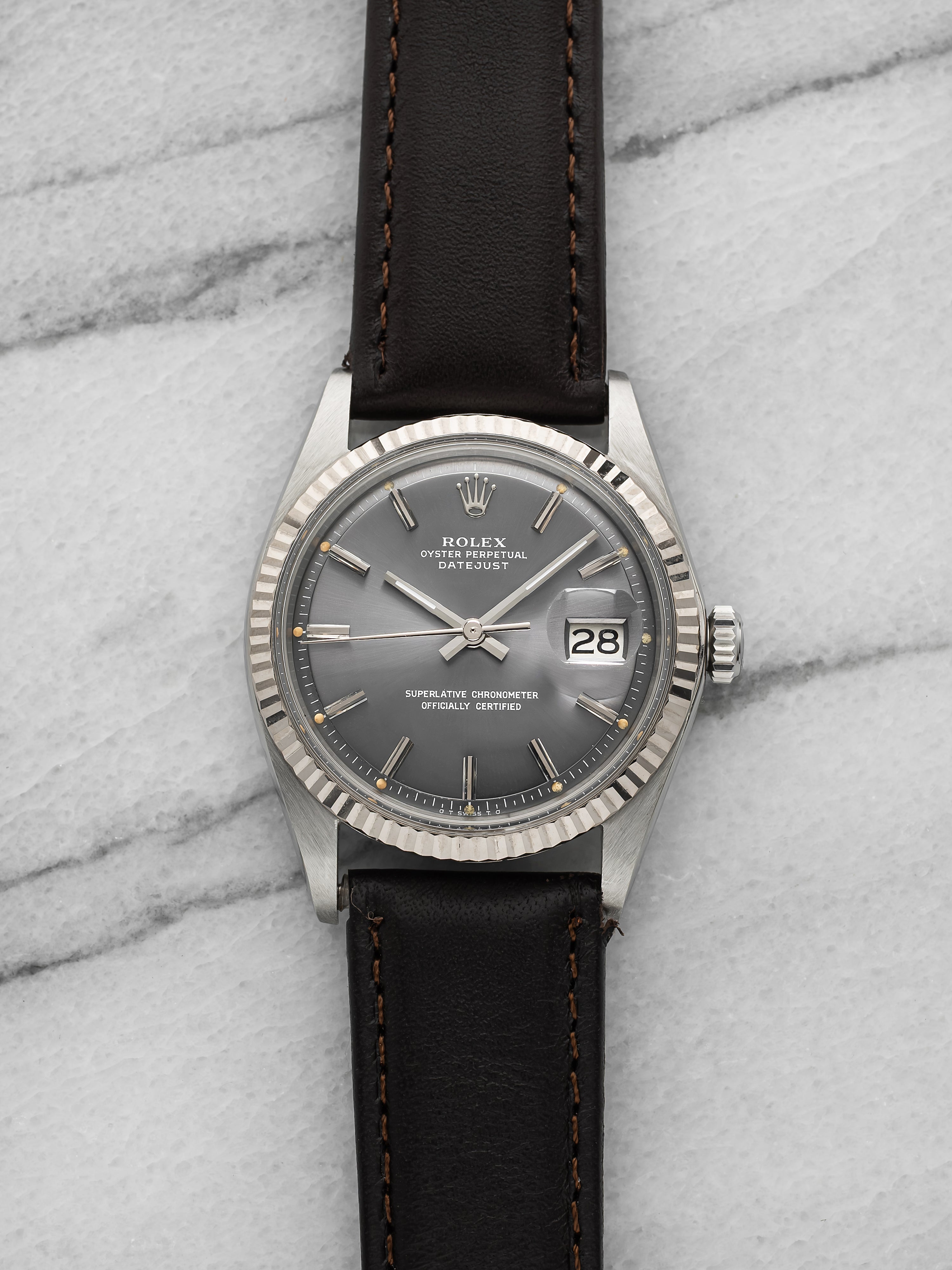 1973 Rolex Datejust 1601 Stainless Steel Grey Sunburst Dial 36mm