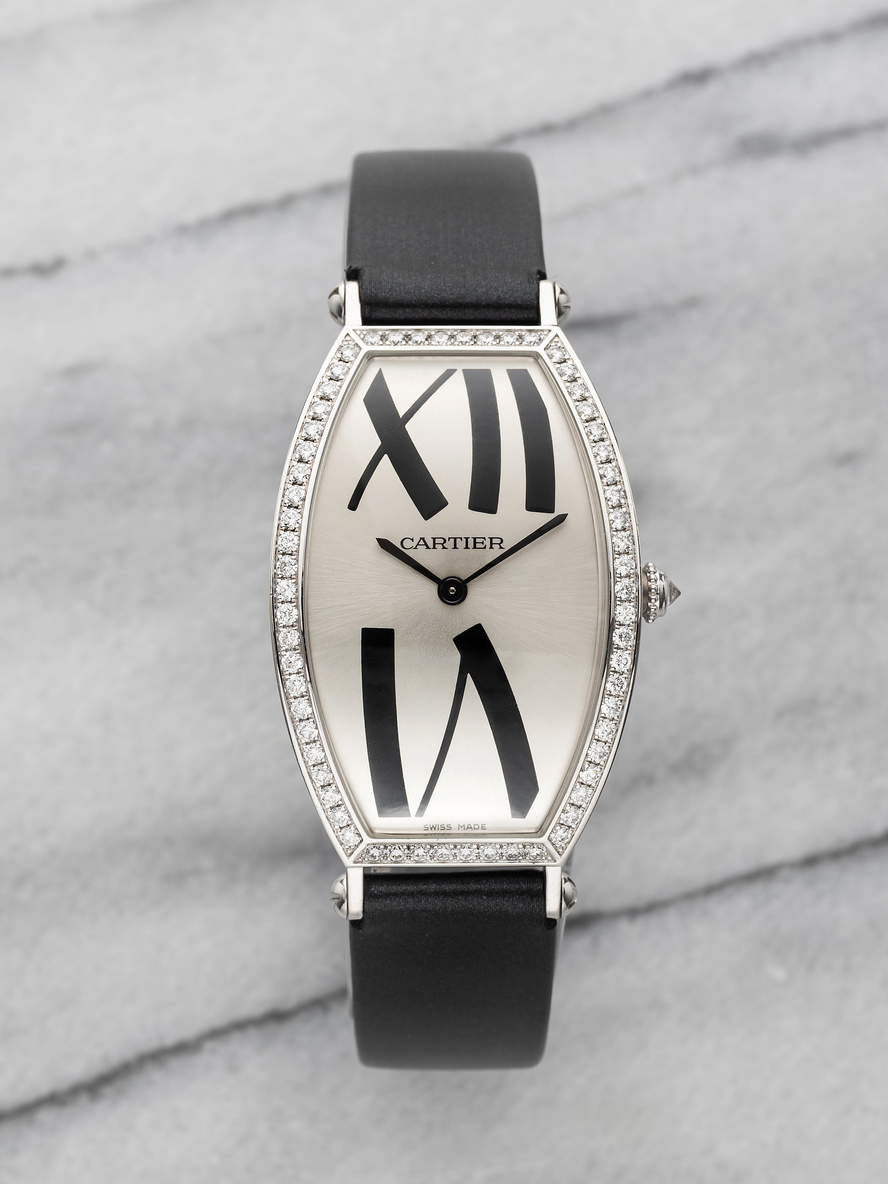Cartier Tonneau 2712 - White Gold Silver Sunburst Roman Dial