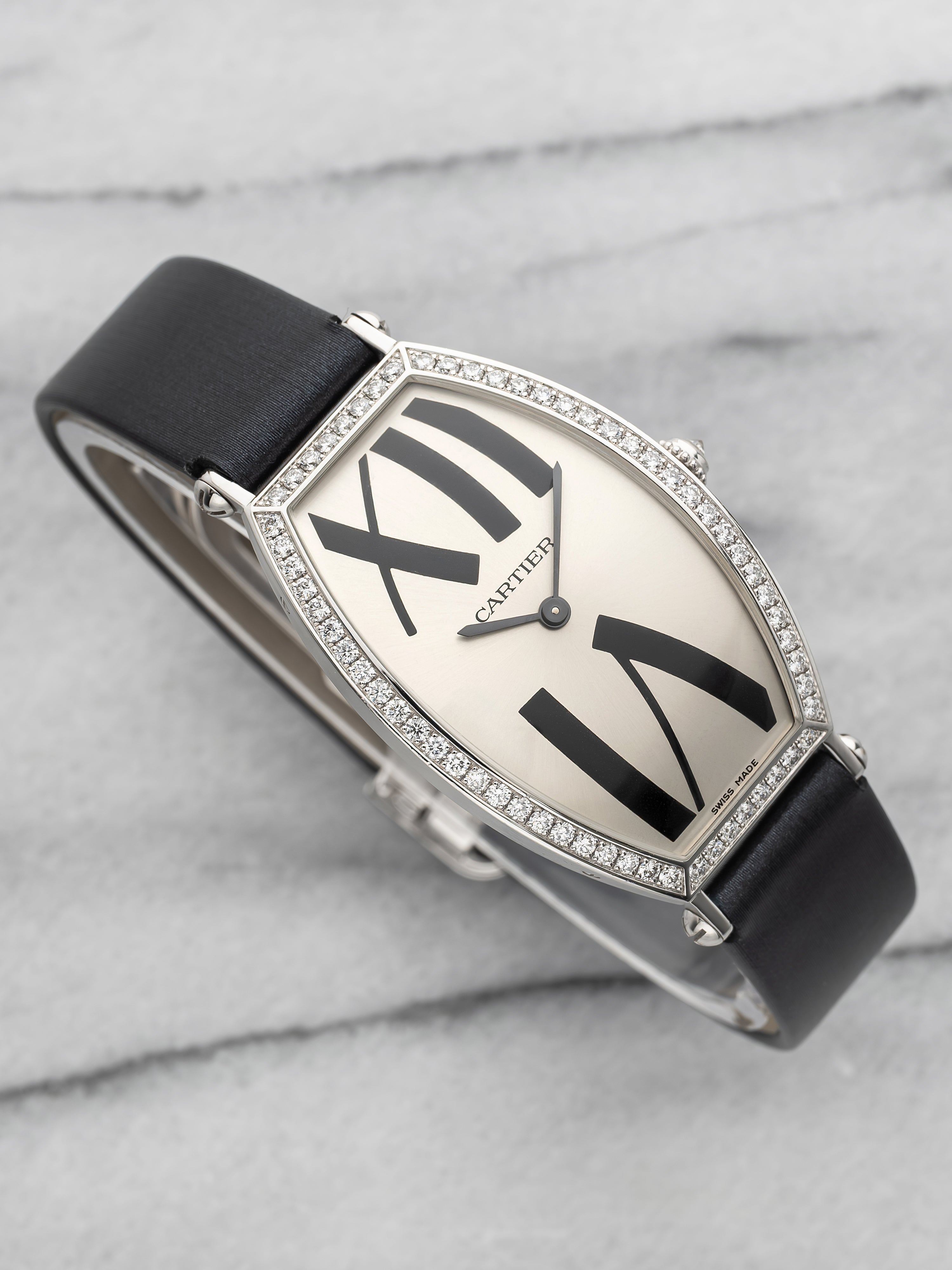 Cartier Tonneau 2712 - White Gold Silver Sunburst Roman Dial