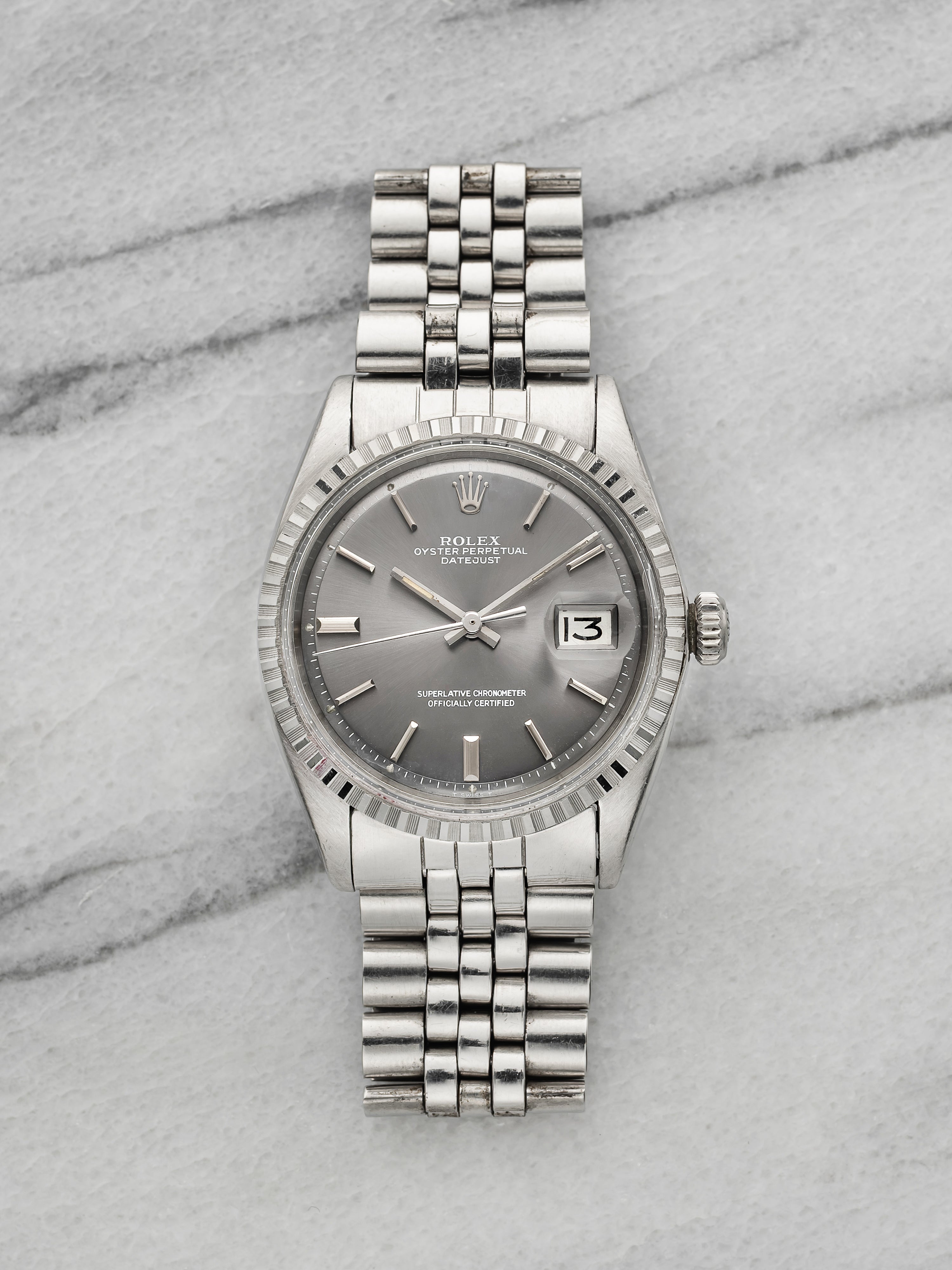 Vintage 1973 Rolex Datejust 1603 Stainless Steel Grey Dial Automatic 36mm