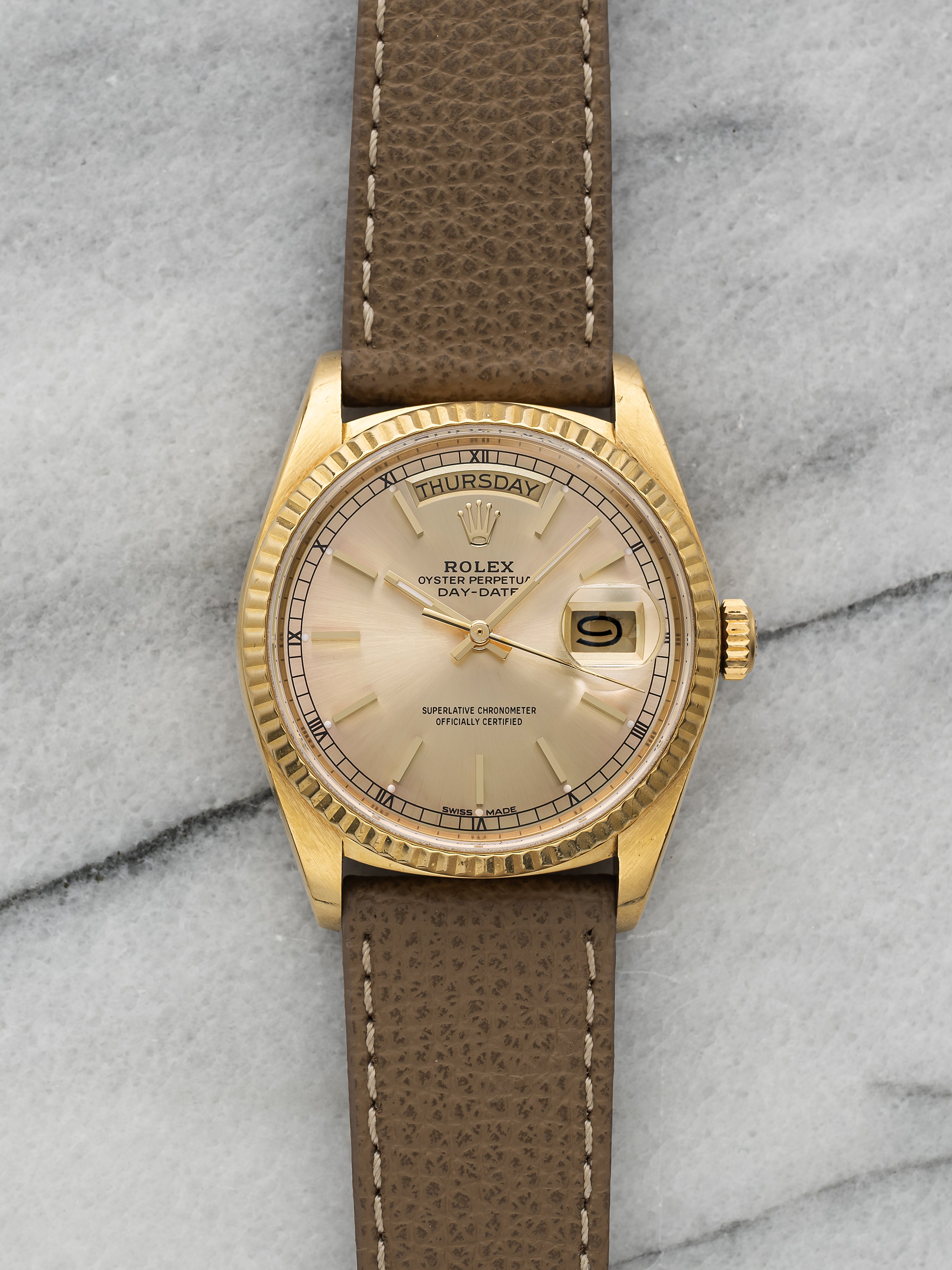 1988 Rolex Day-Date 18038 - Yellow Gold "Rosé" Patina Dial