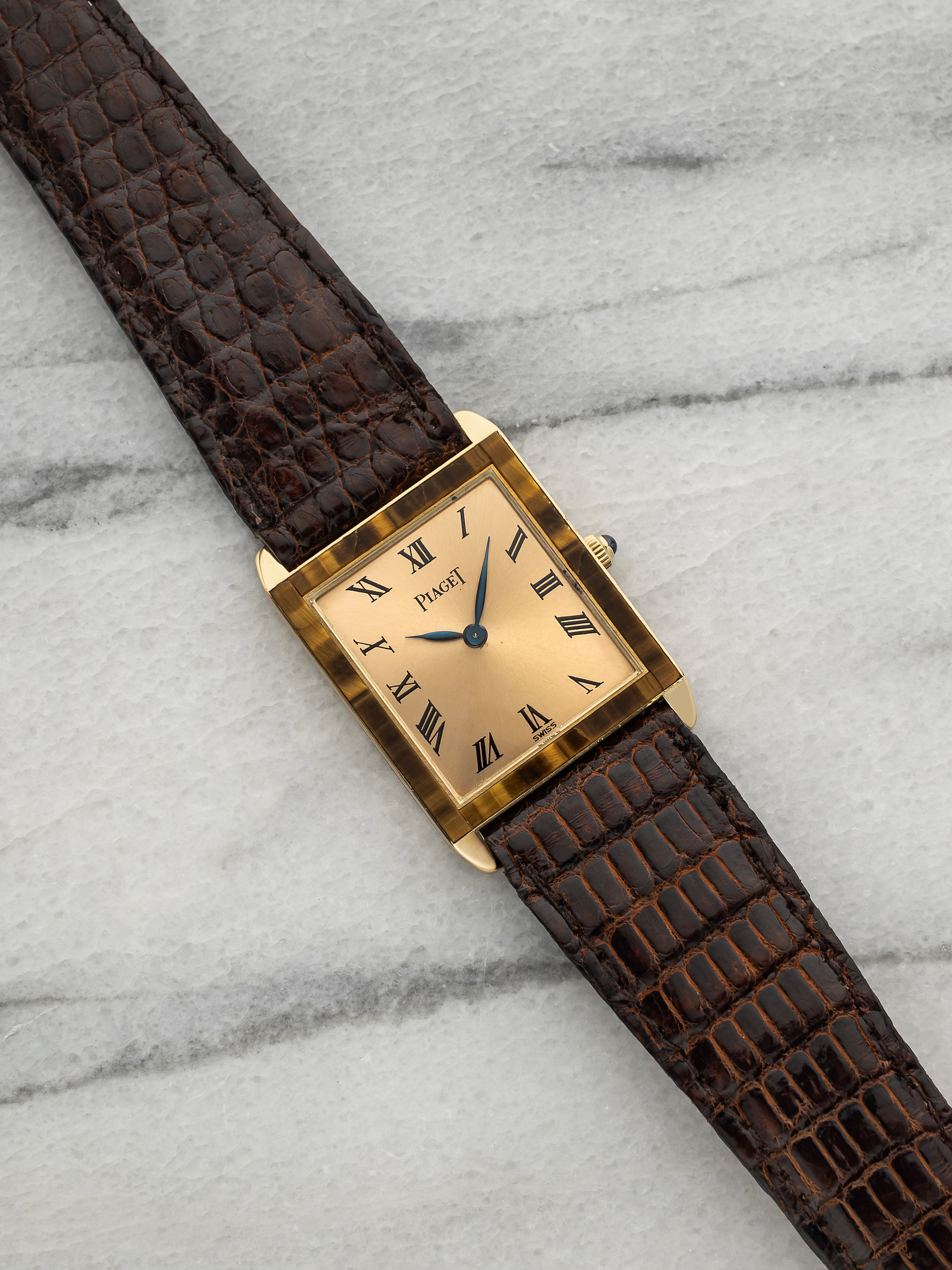 Vintage 1980s Piaget Lady Tank 9161 18K Yellow Gold Tiger Eye Bezel Manual 23mm