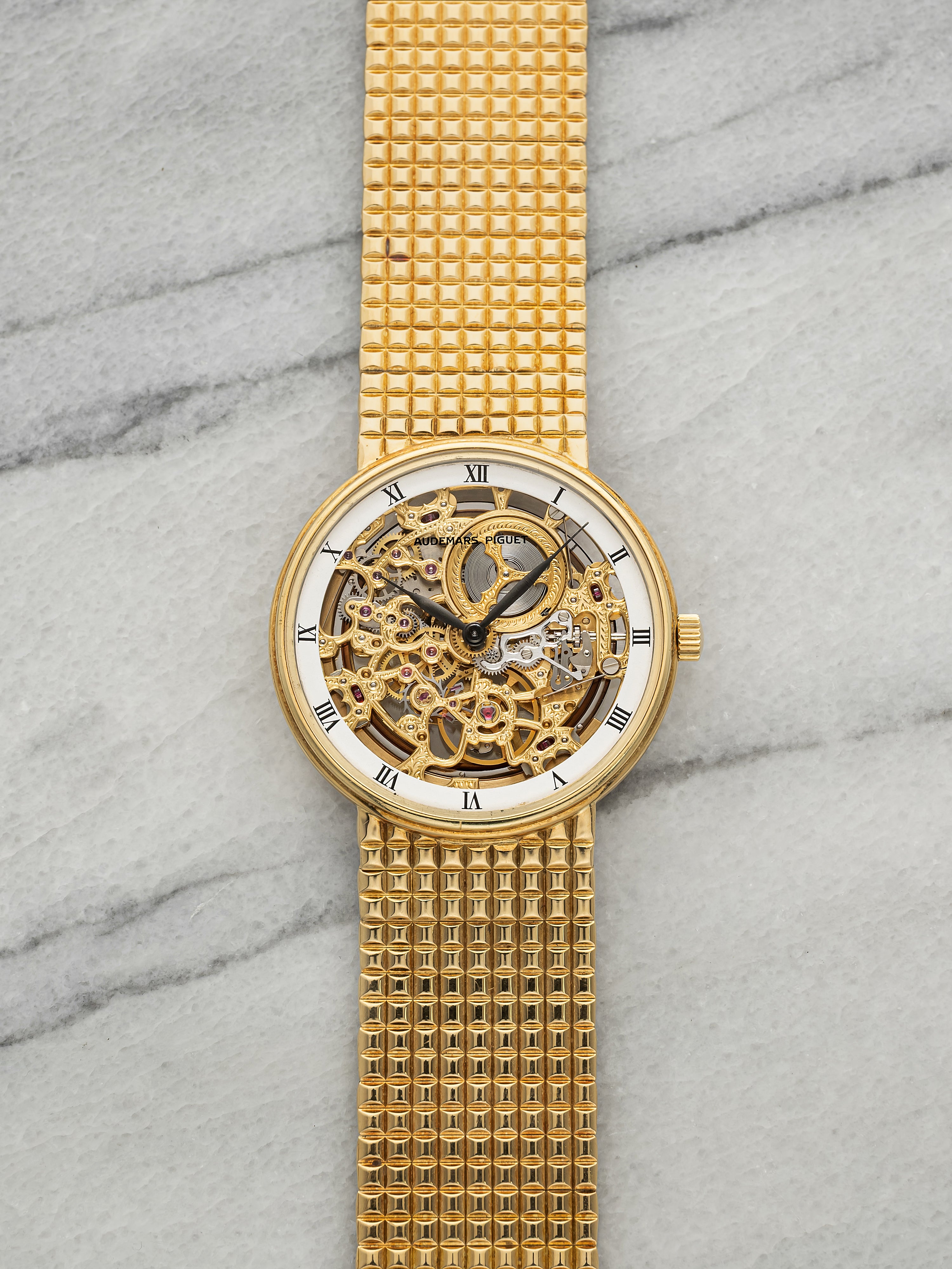 Vintage 1990s Audemars Piguet 4232BA 18K Yellow Gold Skeleton Dial Auto 35mm