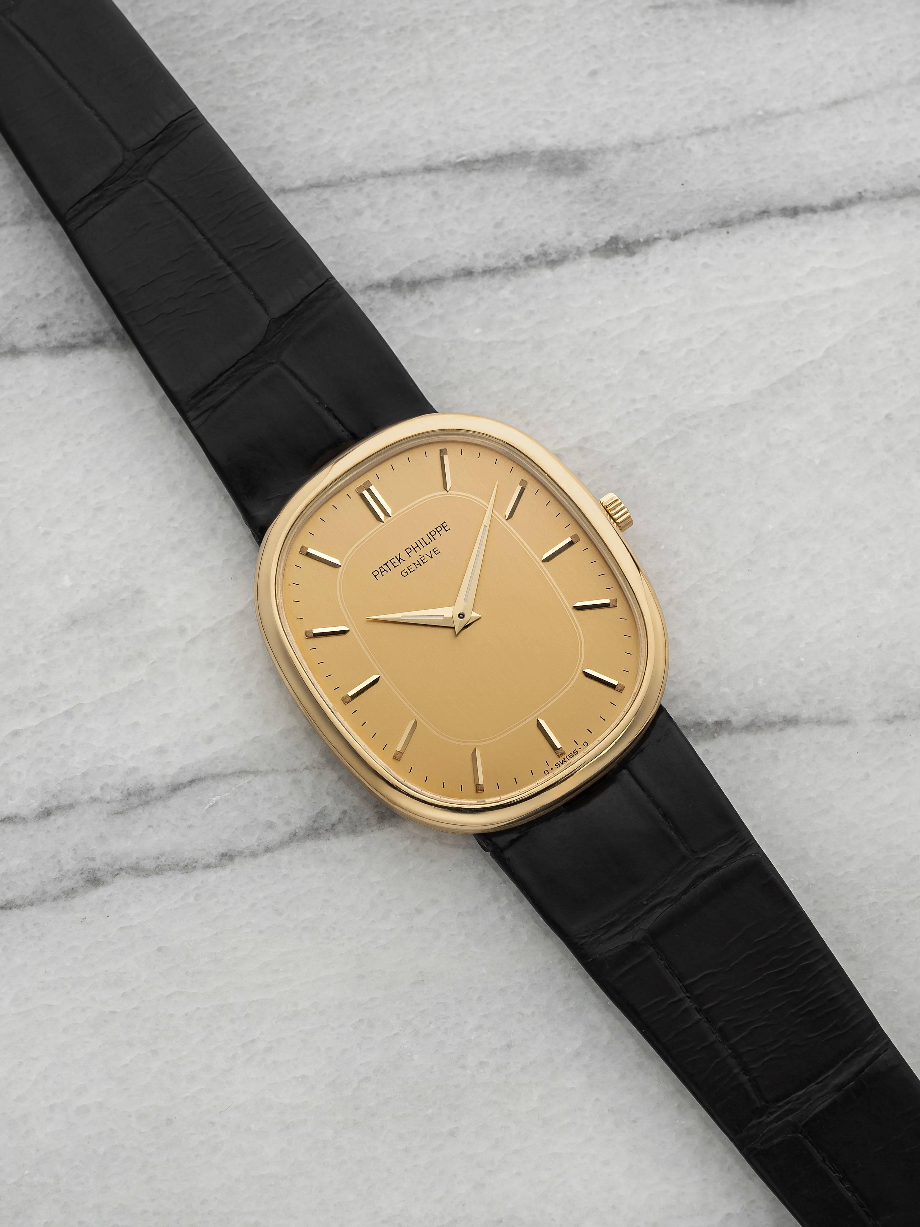 Vintage 1980s Patek Philippe Jumbo Ellipse 18K YG Champagne Dial Quartz 35mm