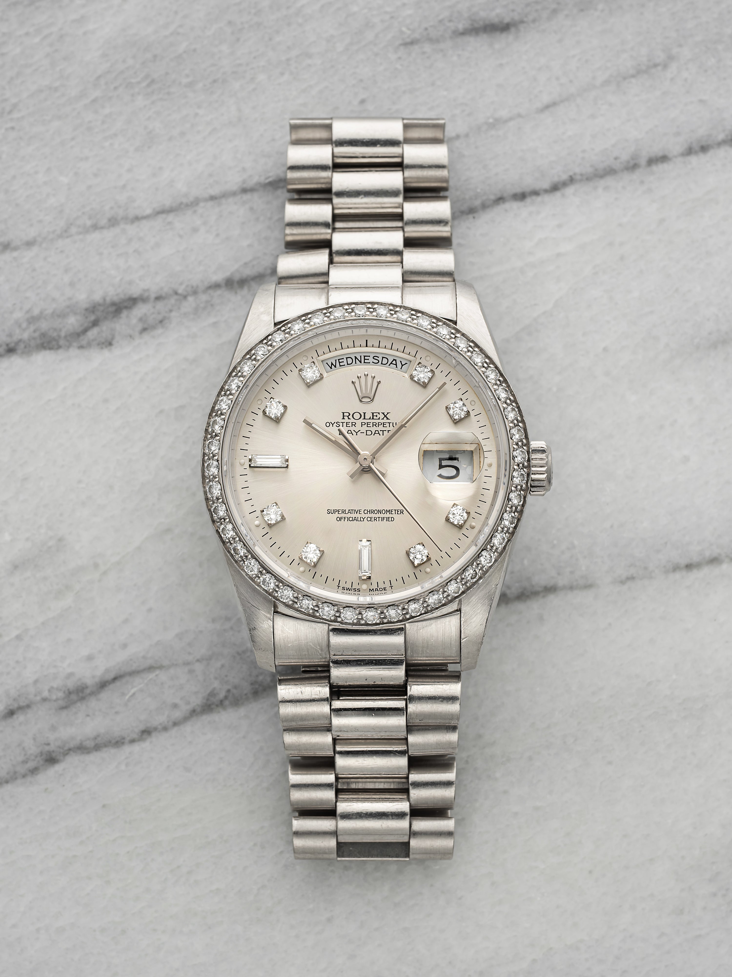 Vintage 1989 Rolex Day-Date 18346 Platinum Silver Dial Diamond Indices Auto 36mm