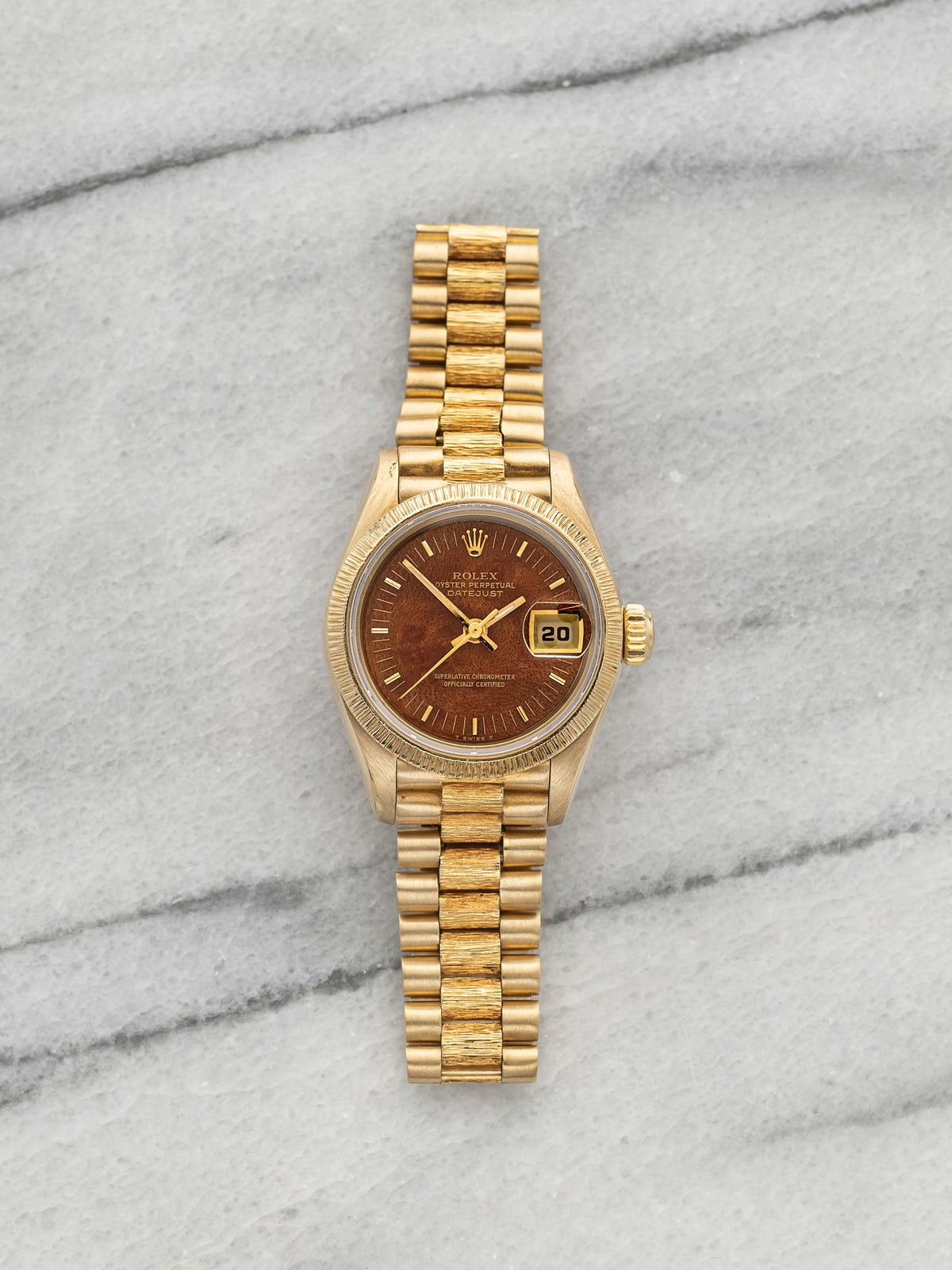 Vintage 1984 Rolex Lady Datejust 69278 18K YG Bark Finish Walnut Wood Dial 26mm