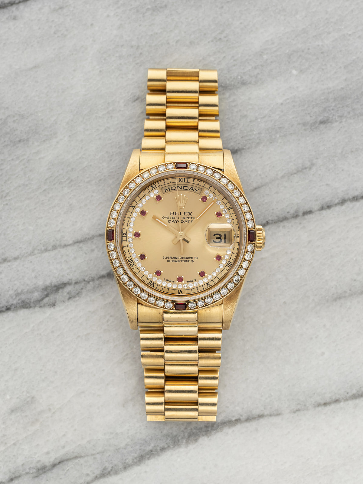 Vintage 1995 Rolex Day-Date 18378 18K YG Diamond Ruby String Dial Auto 36mm