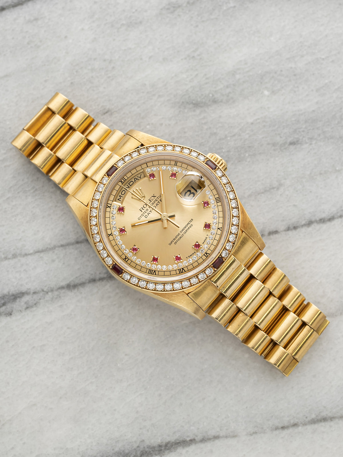 Vintage 1995 Rolex Day-Date 18378 18K YG Diamond Ruby String Dial Auto 36mm