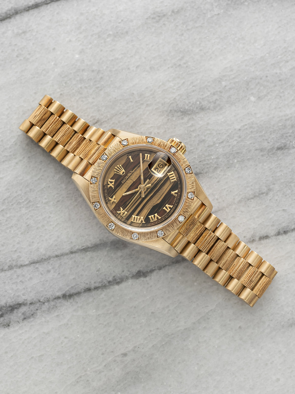 Vintage 1990 Rolex Lady Datejust 69288 18K YG Bark Obsidian Stone Diamond 26mm