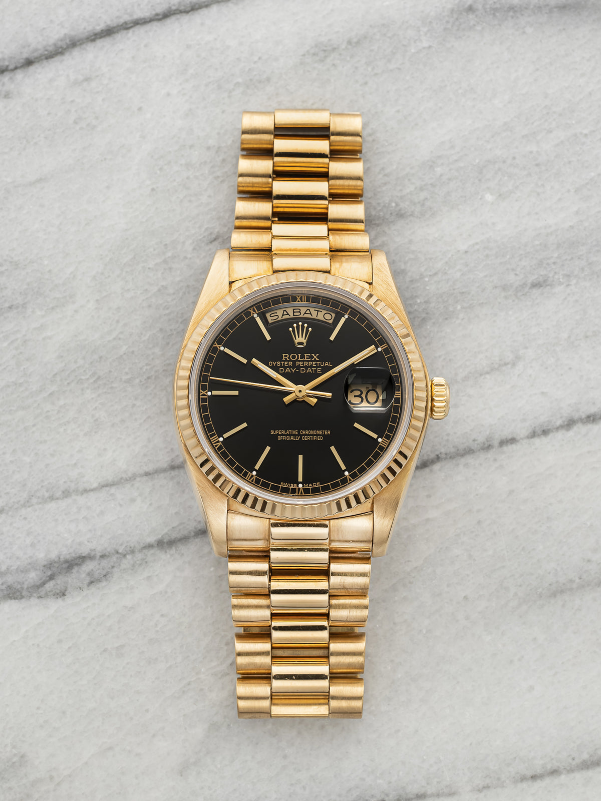 Vintage 1979 Rolex Day-Date 18038 18K YG Black Dial Italian Day-Wheel Auto 36mm