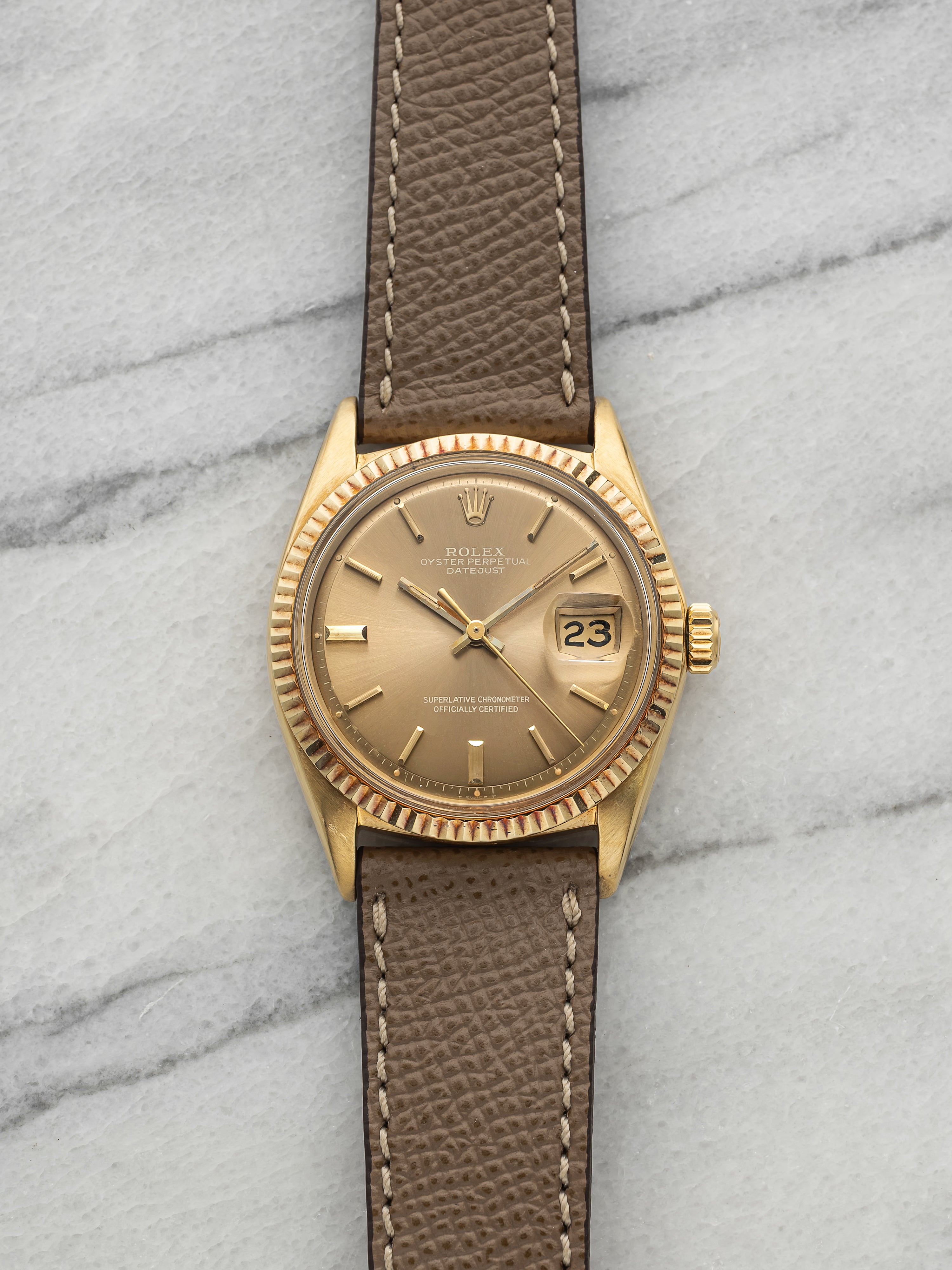 Vintage 1969 Rolex Datejust 16018 18K Yellow Gold Mocha Stick Dial Auto 36mm
