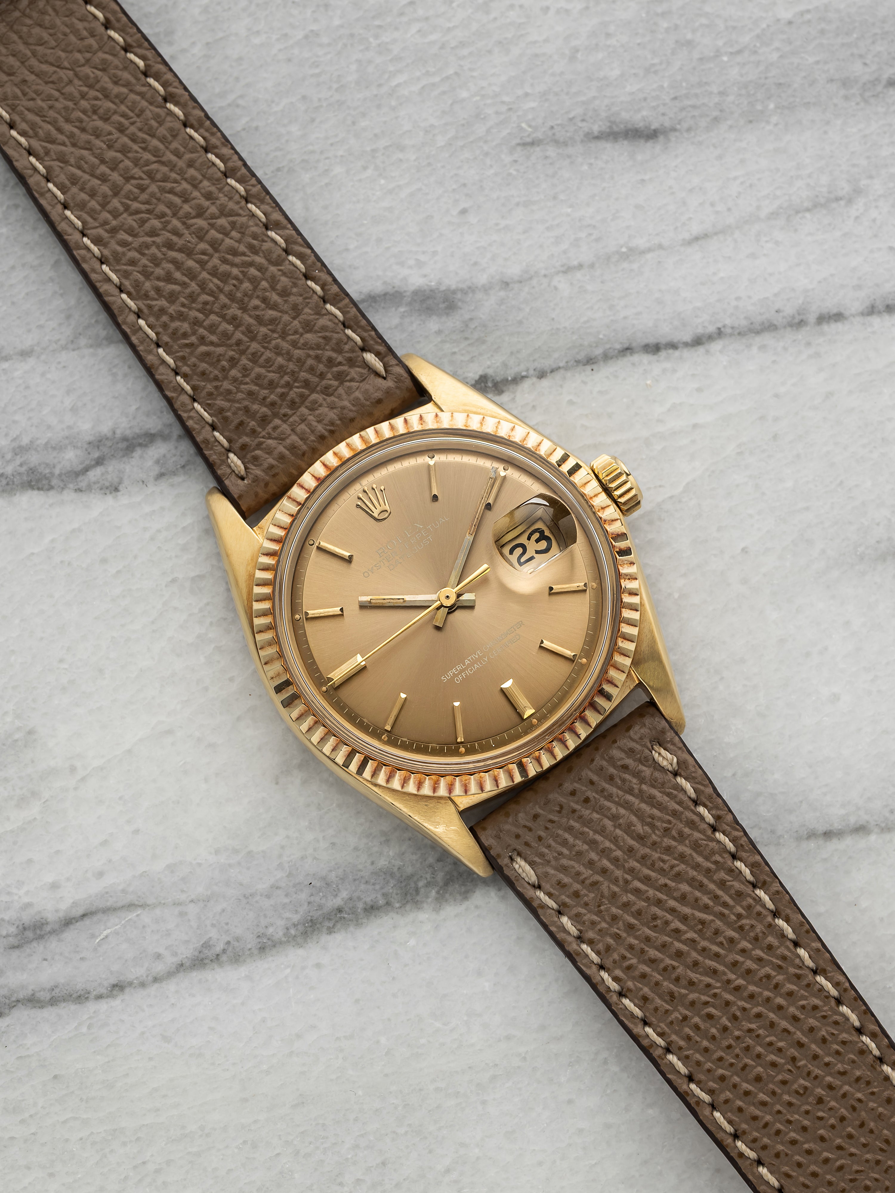 Vintage 1969 Rolex Datejust 16018 18K Yellow Gold Mocha Stick Dial Auto 36mm