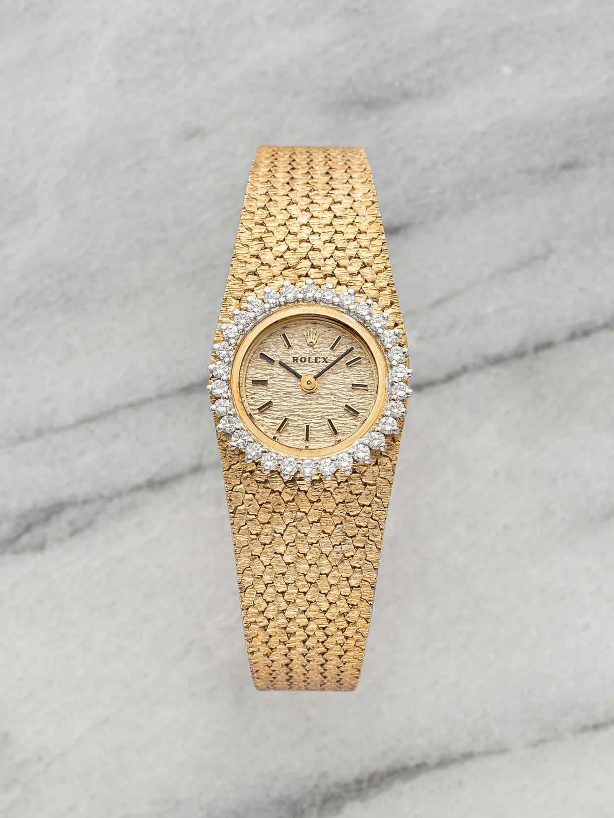 Vintage 1970s Rolex Ladies Cocktail 8192 14K YG Bark Dial Diamond Bezel 21mm
