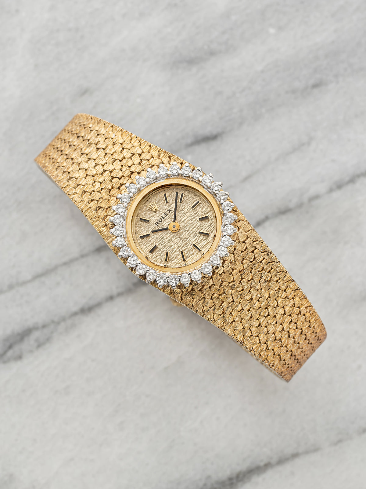 Vintage 1970s Rolex Ladies Cocktail 8192 14K YG Bark Dial Diamond Bezel 21mm