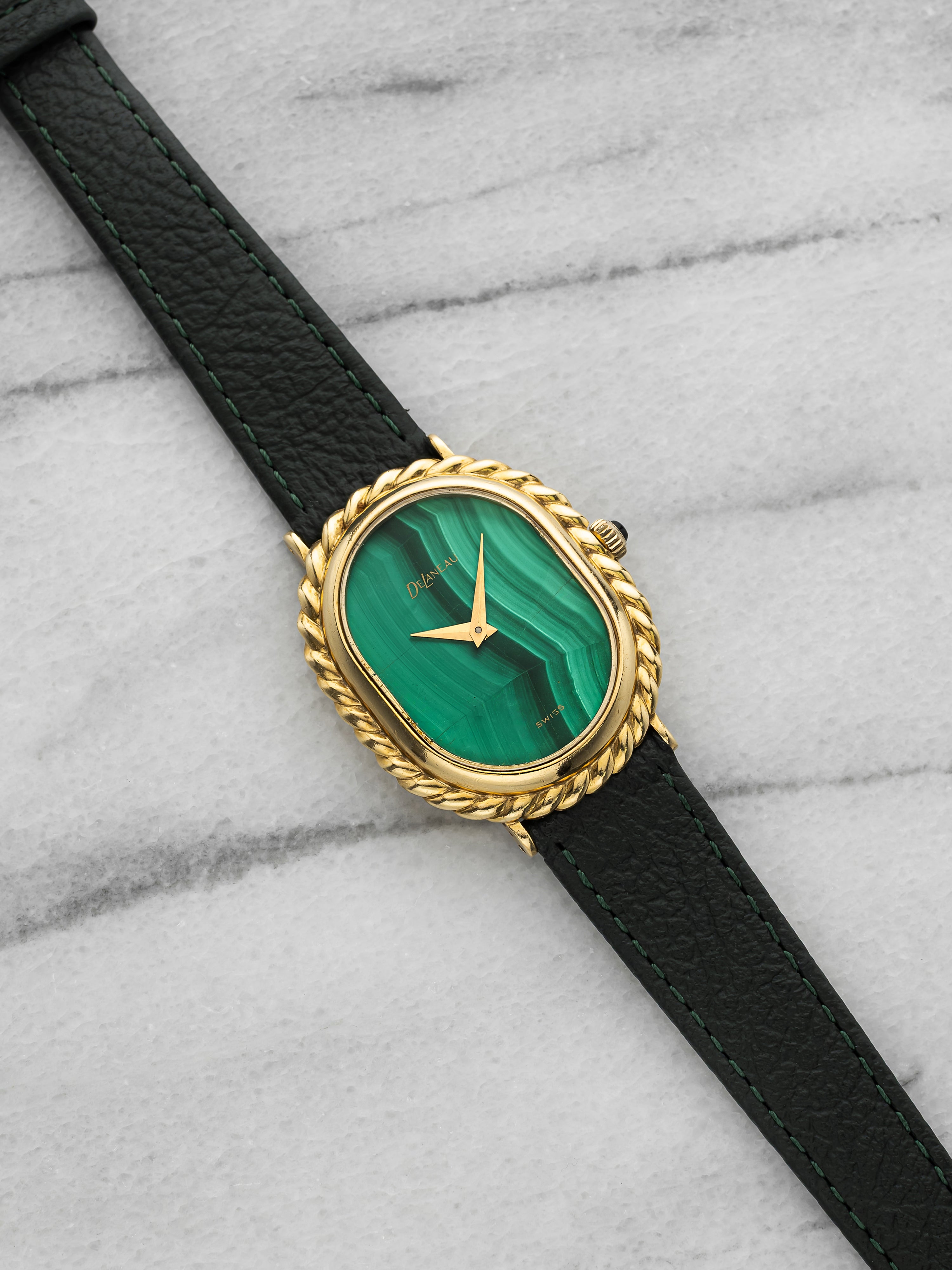 Vintage 1970s DeLaneu Ellipse 1645v101 18K YG Malachite Dial Manual 27 mm