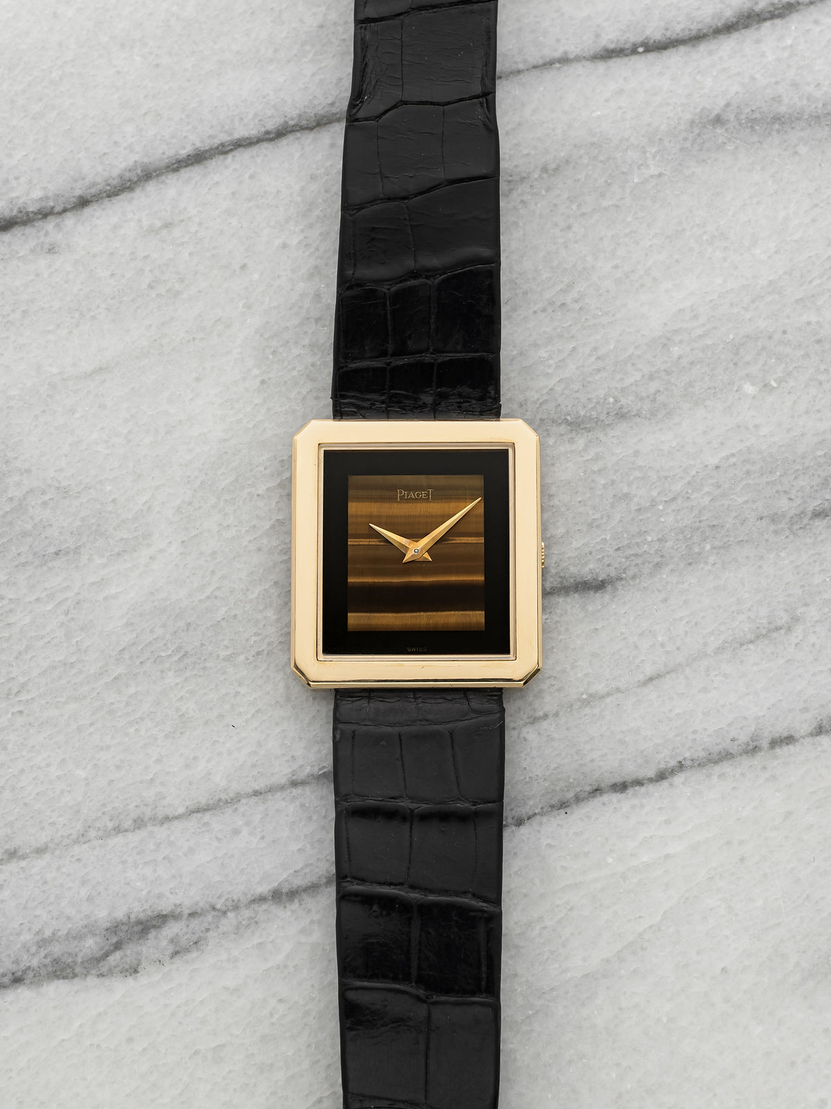 Vintage 1970s Piaget Protocole 9154 18K YG Tiger Eye & Onyx Stone Dial 25mm