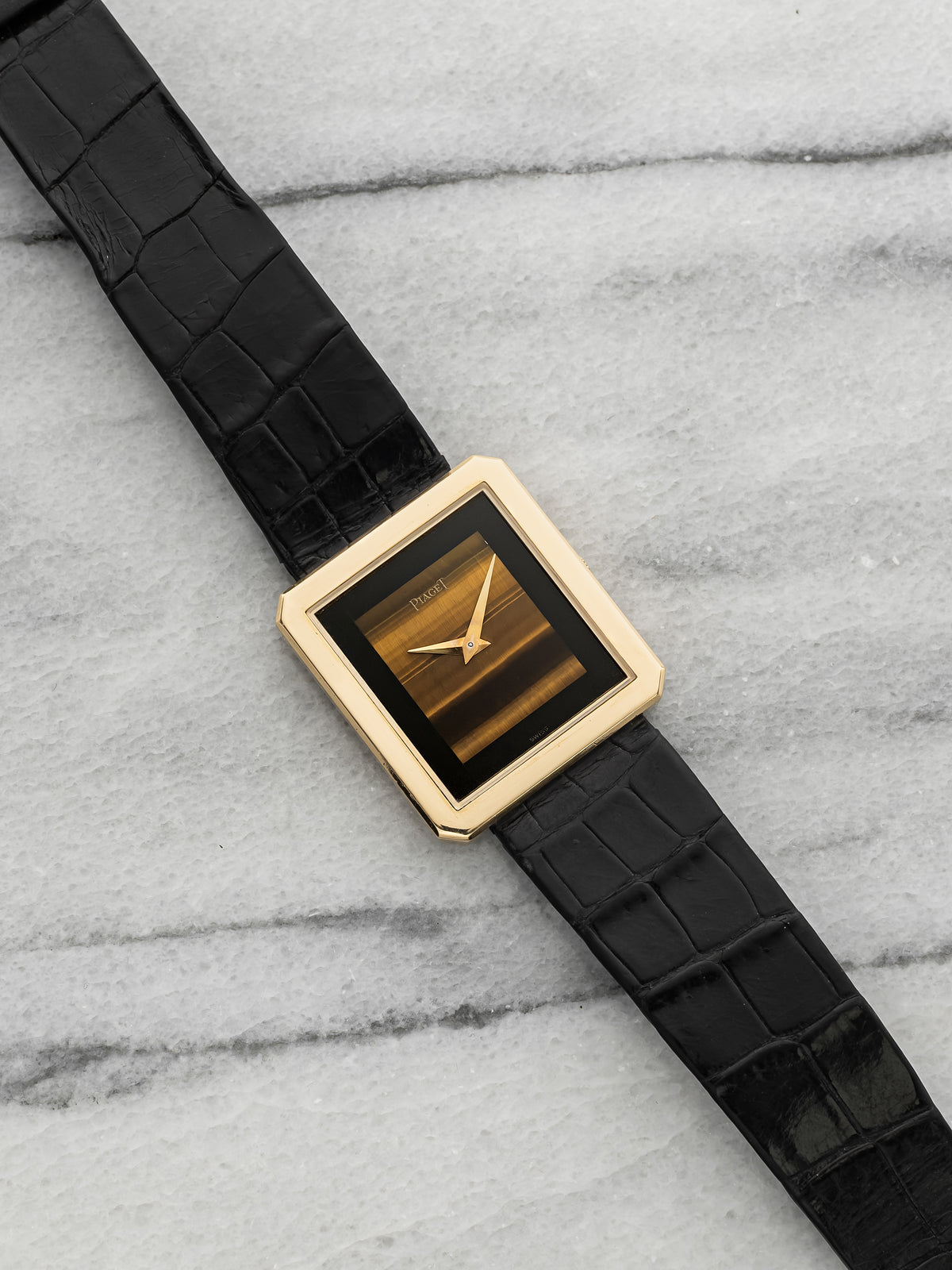 Vintage 1970s Piaget Protocole 9154 18K YG Tiger Eye & Onyx Stone Dial 25mm
