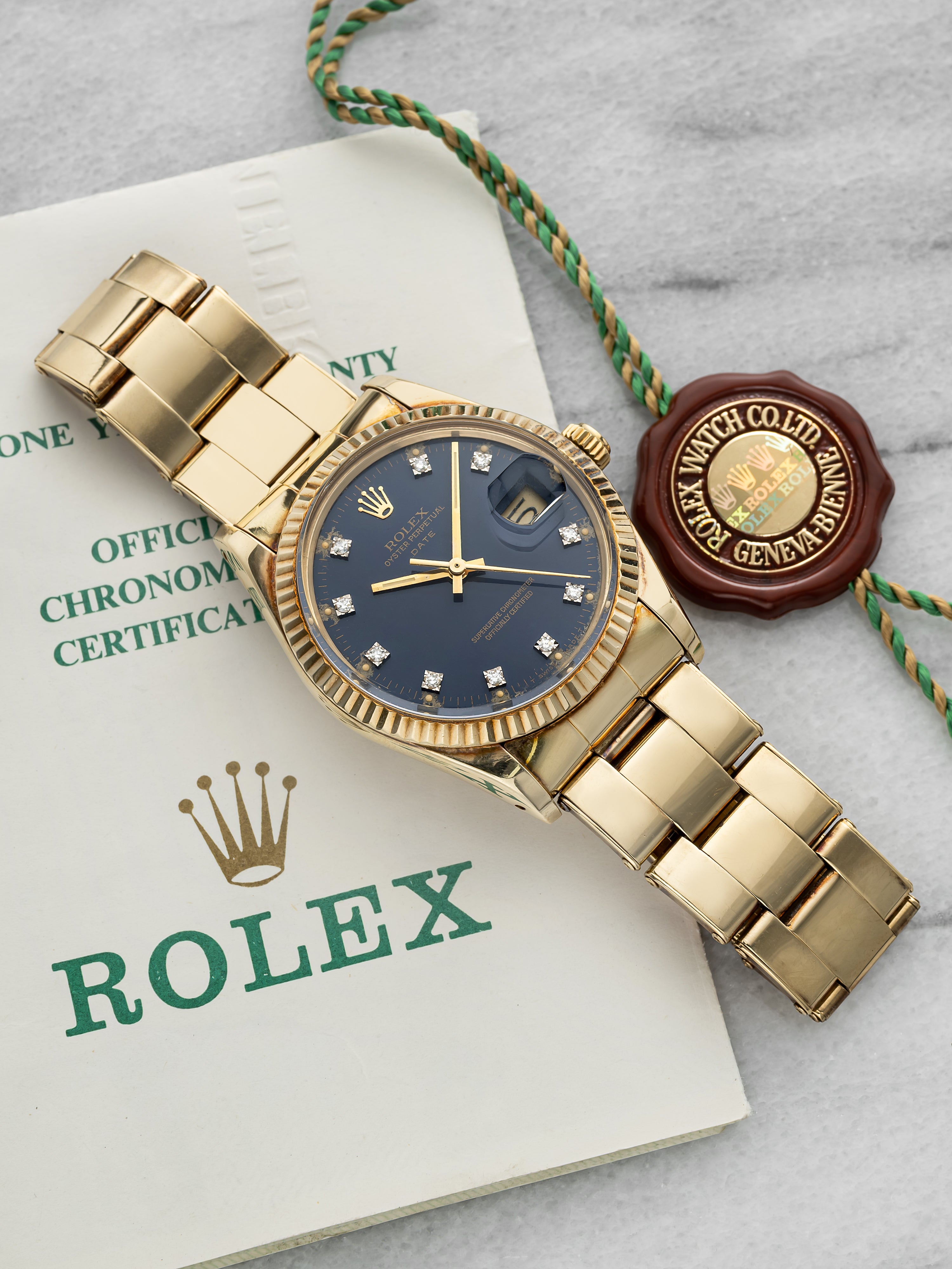 1986 Rolex Oyster Perpetual Date 15037 14K YG Dark Blue Diamond Dial Auto 34 mm