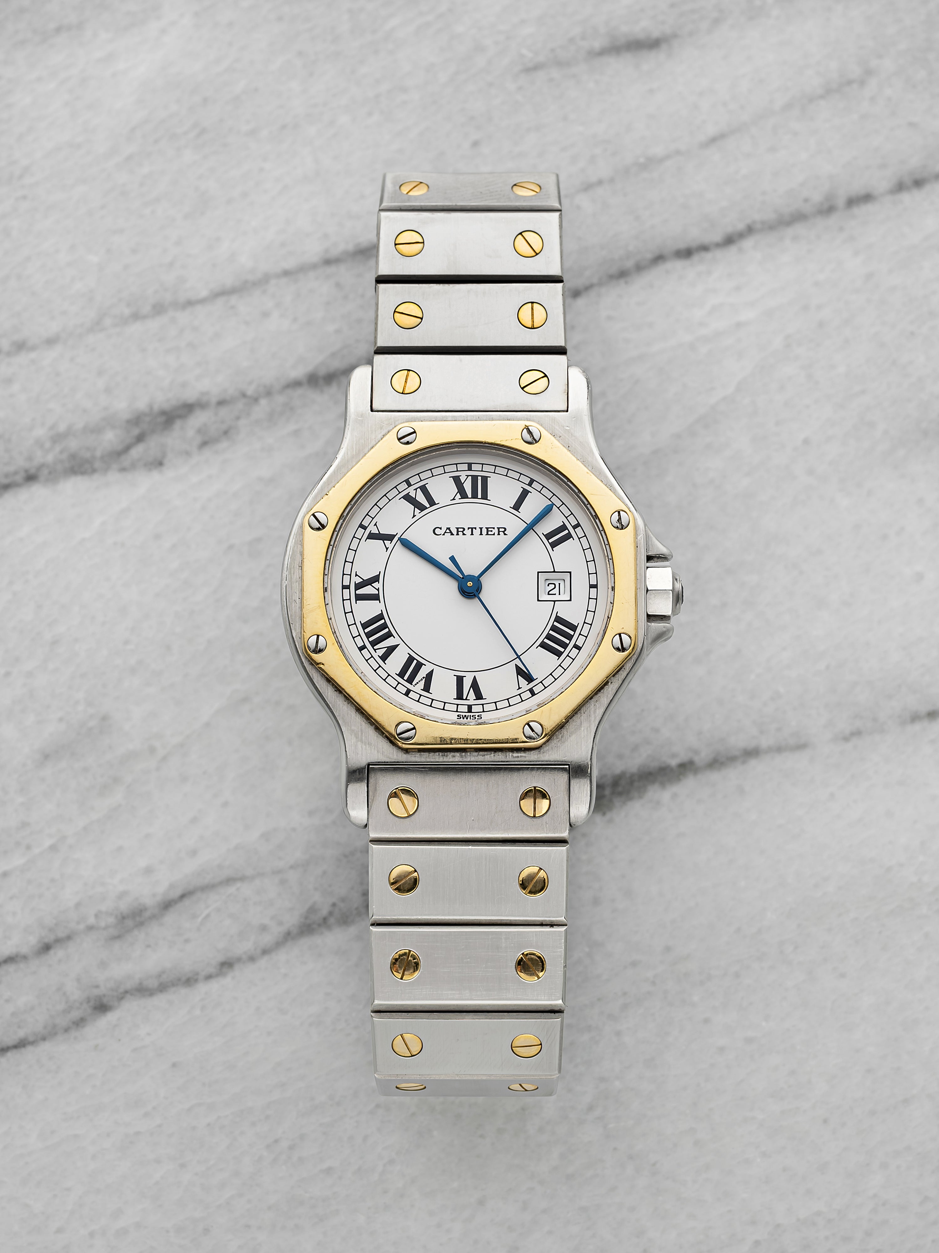 Vintage 1990s Cartier Santos Octagonal 2966 Two-Tone White Roman Dial Auto 30 mm