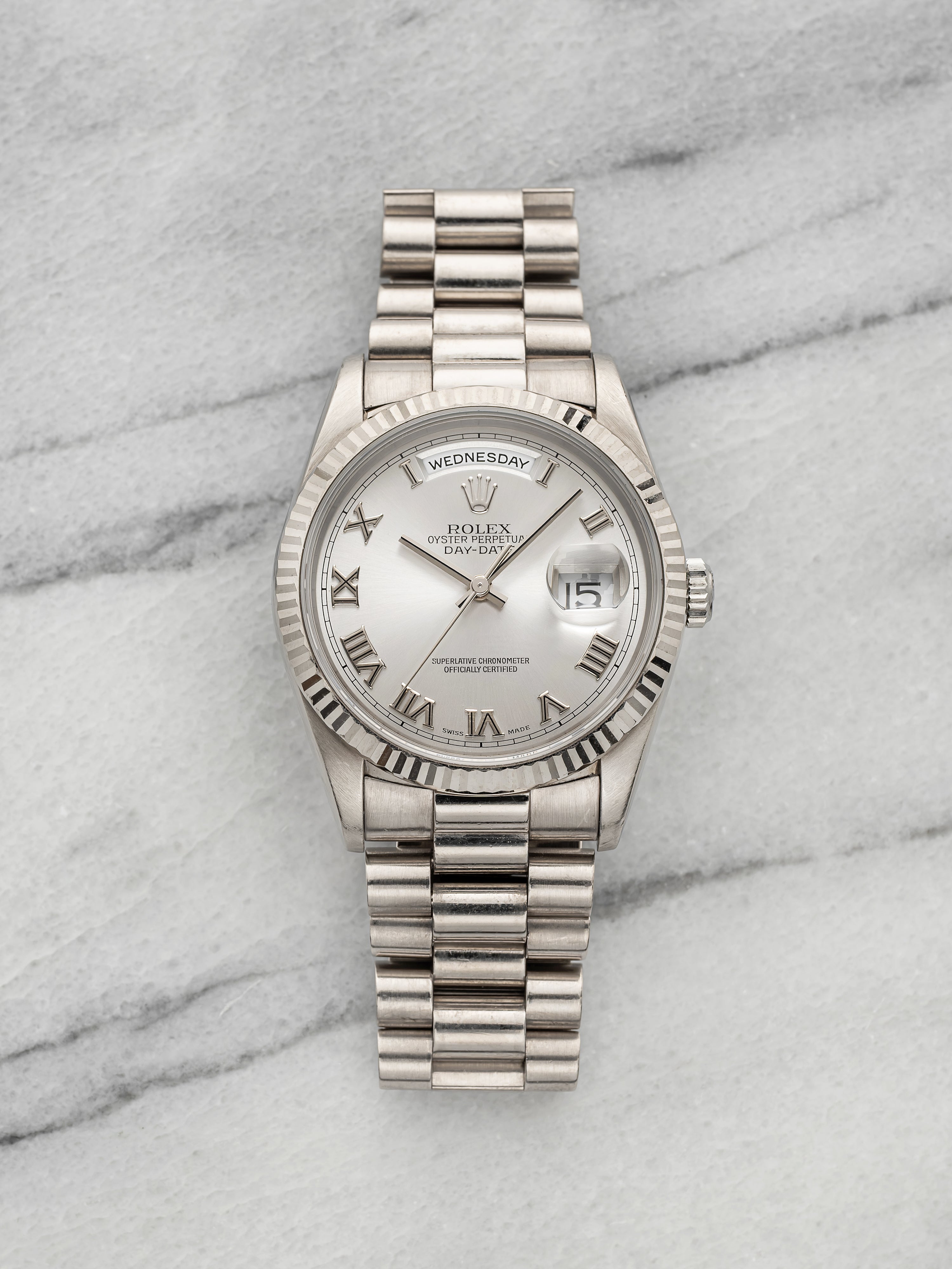 1999 Rolex Day-Date 18239 - 18K White Gold Silver Roman Dial