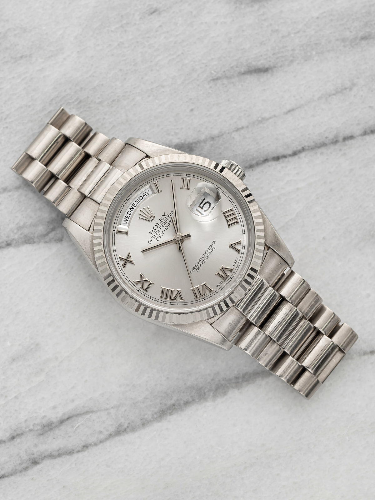 1999 Rolex Day-Date 18239 - 18K White Gold Silver Roman Dial