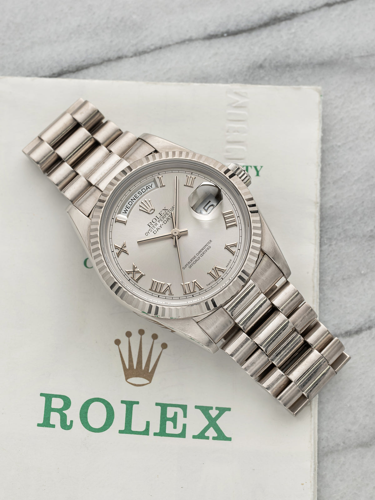 1999 Rolex Day-Date 18239 - 18K White Gold Silver Roman Dial