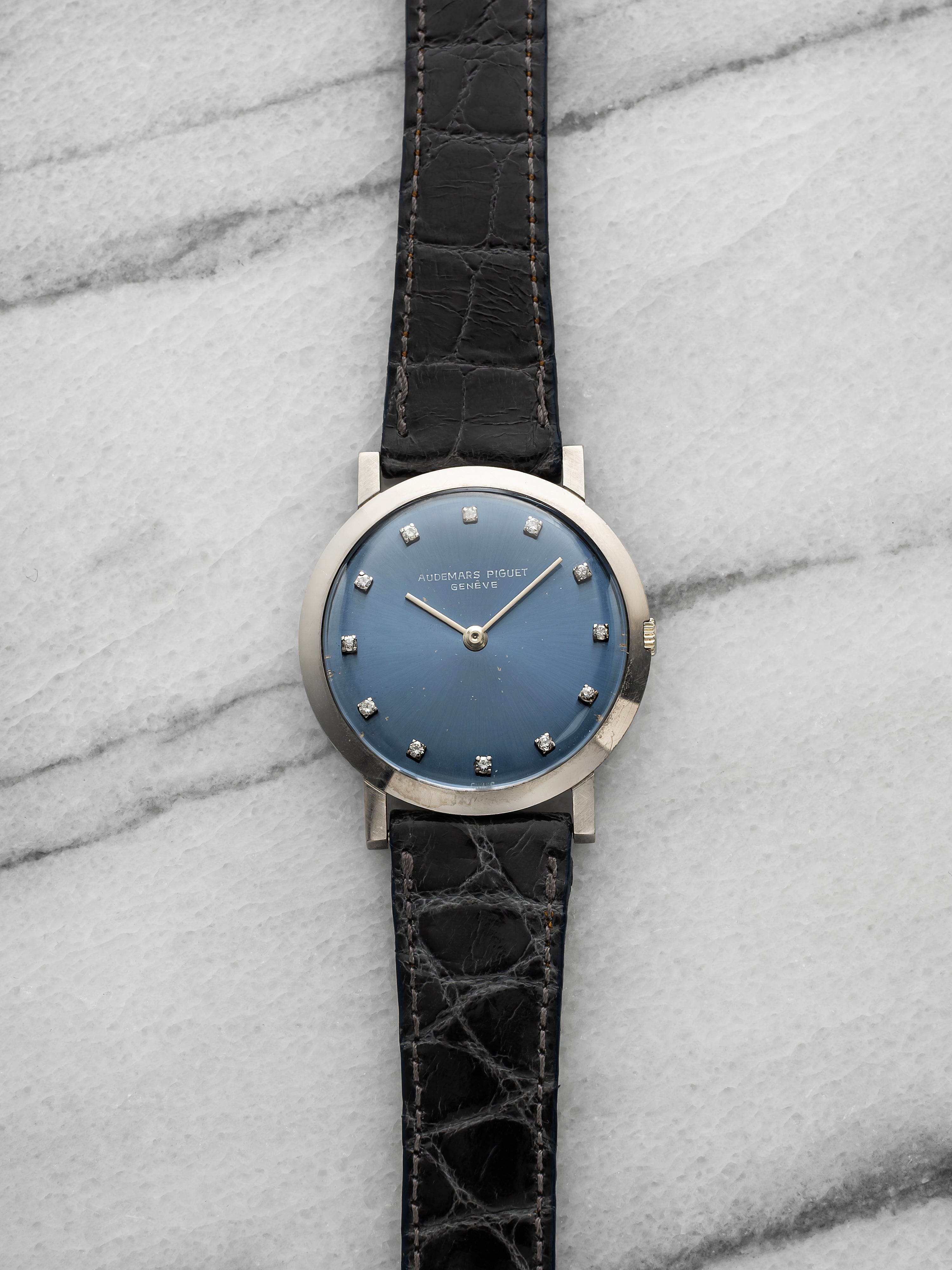 Vintage 1960s Audemars Piguet Ultra Thin 18k WG Blue Diamond Dial Manual 31 mm