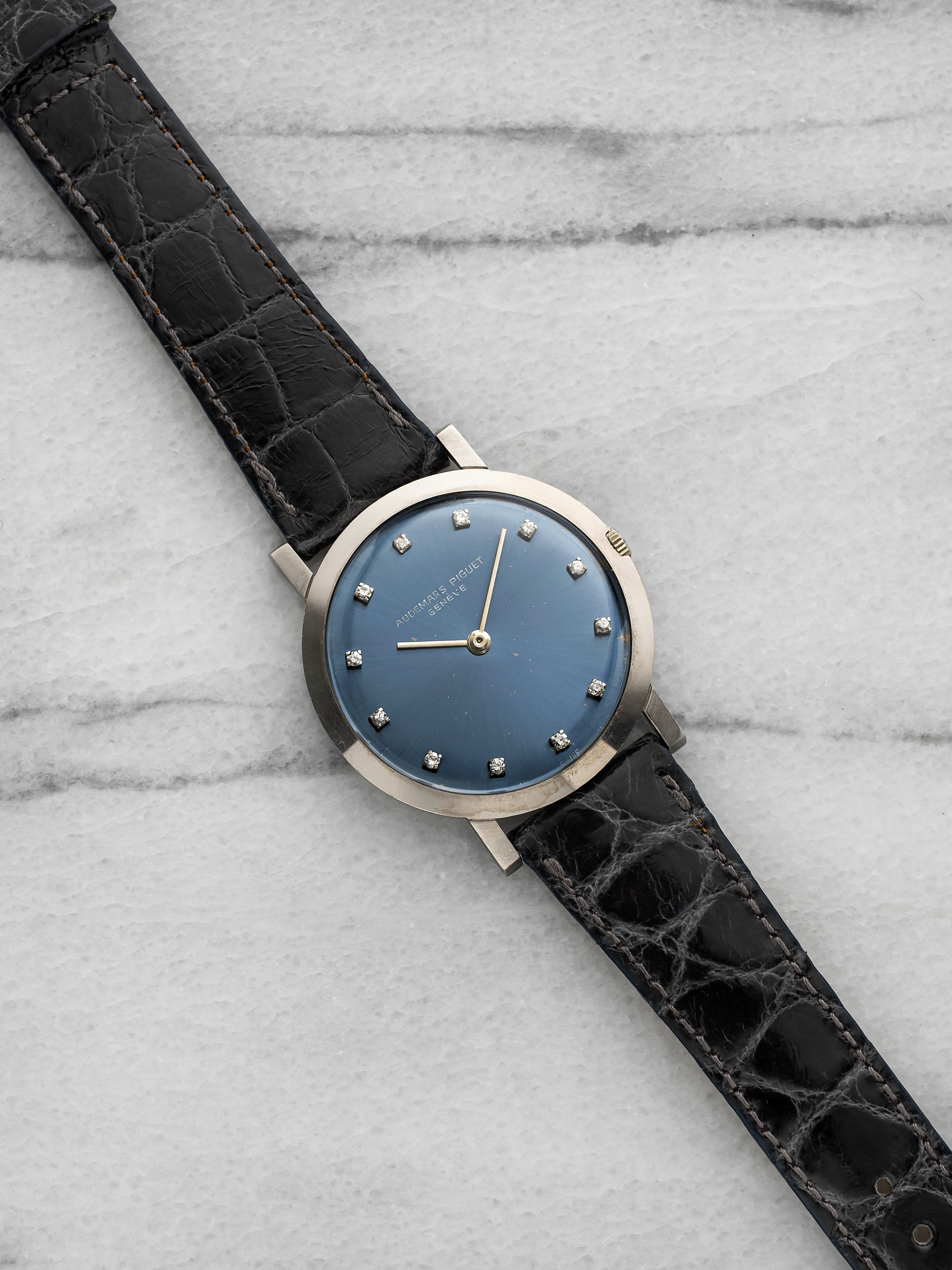 Vintage 1960s Audemars Piguet Ultra Thin 18k WG Blue Diamond Dial Manual 31 mm