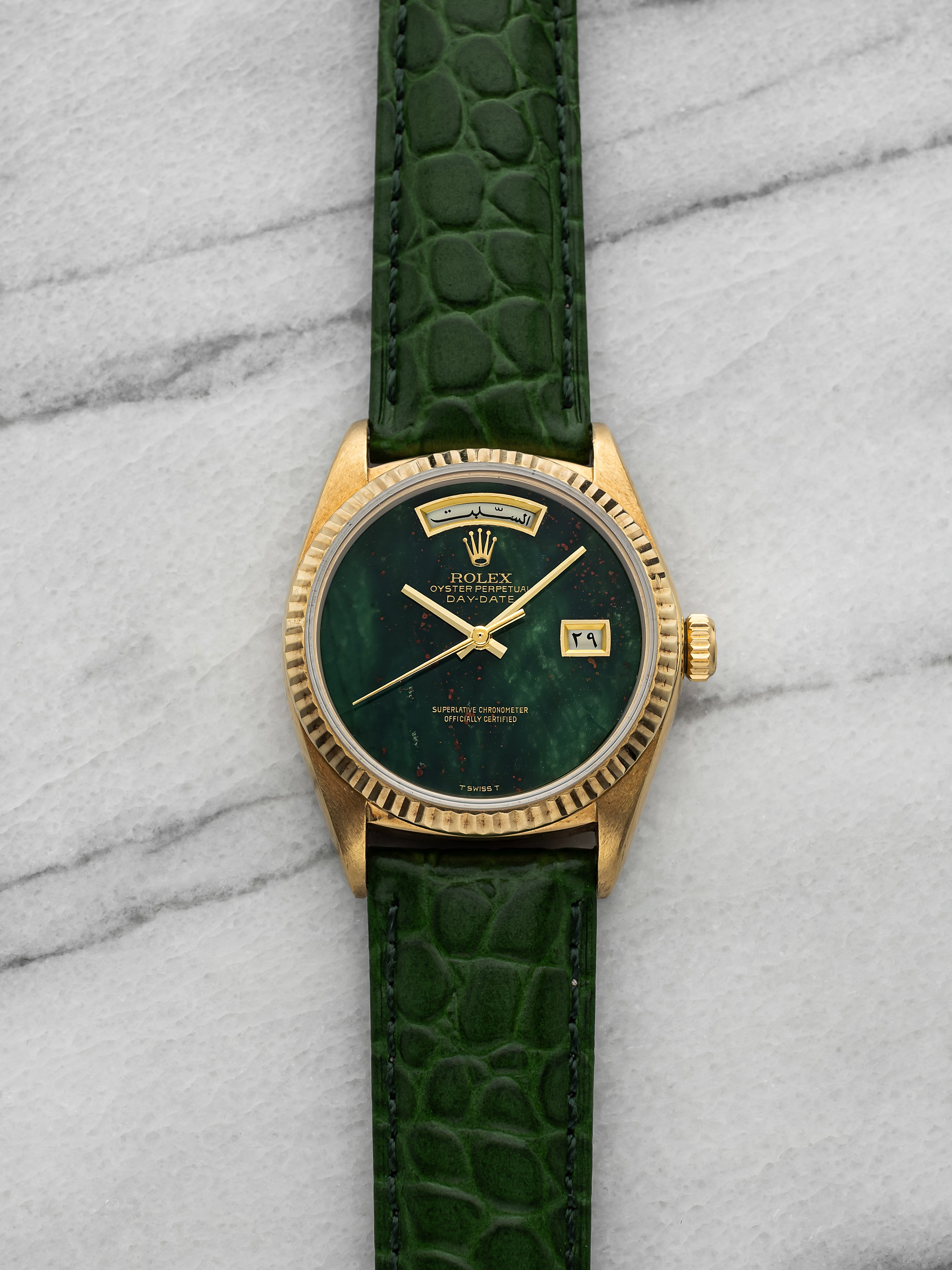 Vintage 1980s Rolex Day-Date 18038 18K YG Bloodstone Dial Automatic 36mm