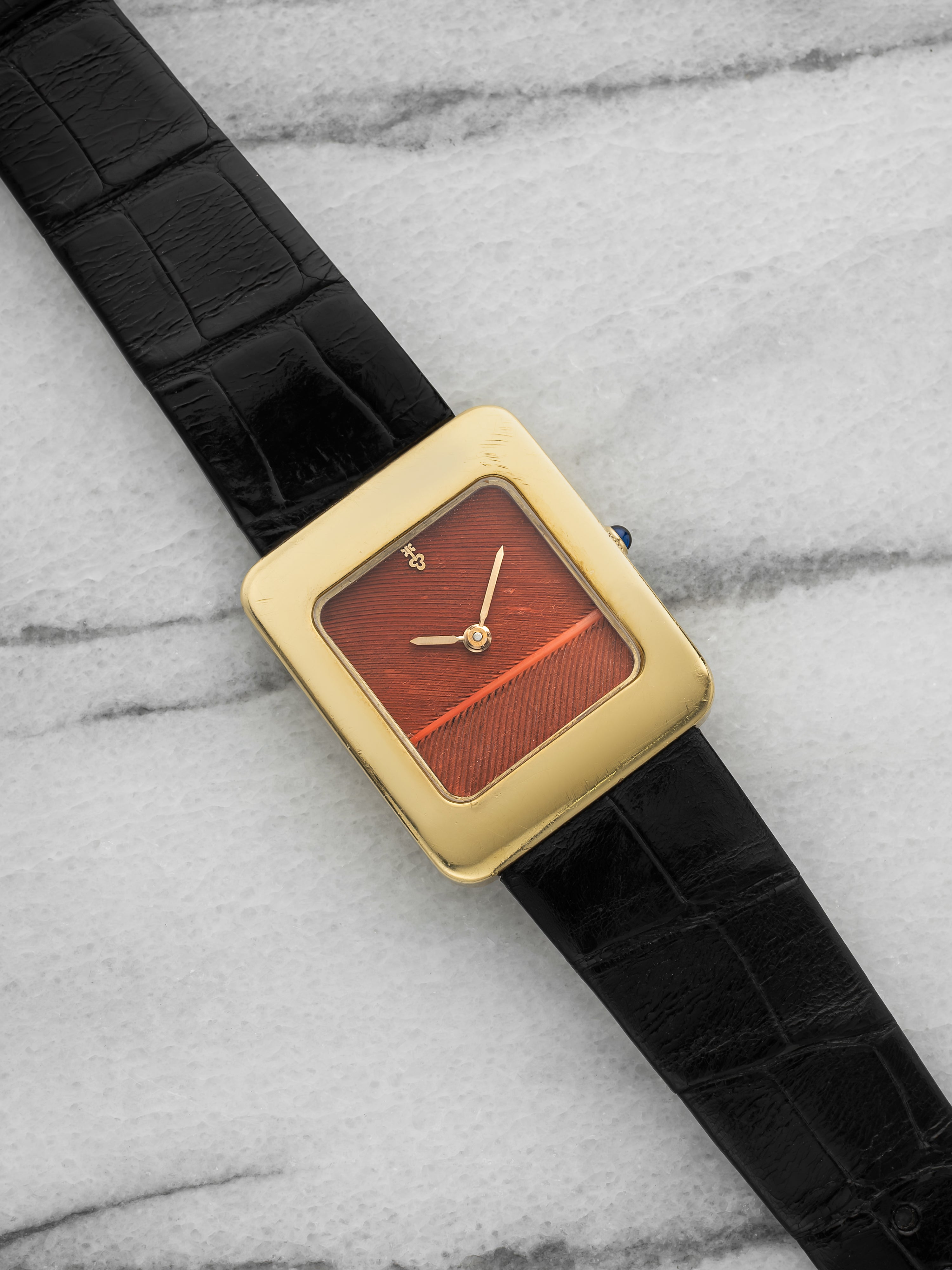 Vintage 1970s Corum Tank 18K YG Scarlet Ibis Feather Dial Manual 28 mm