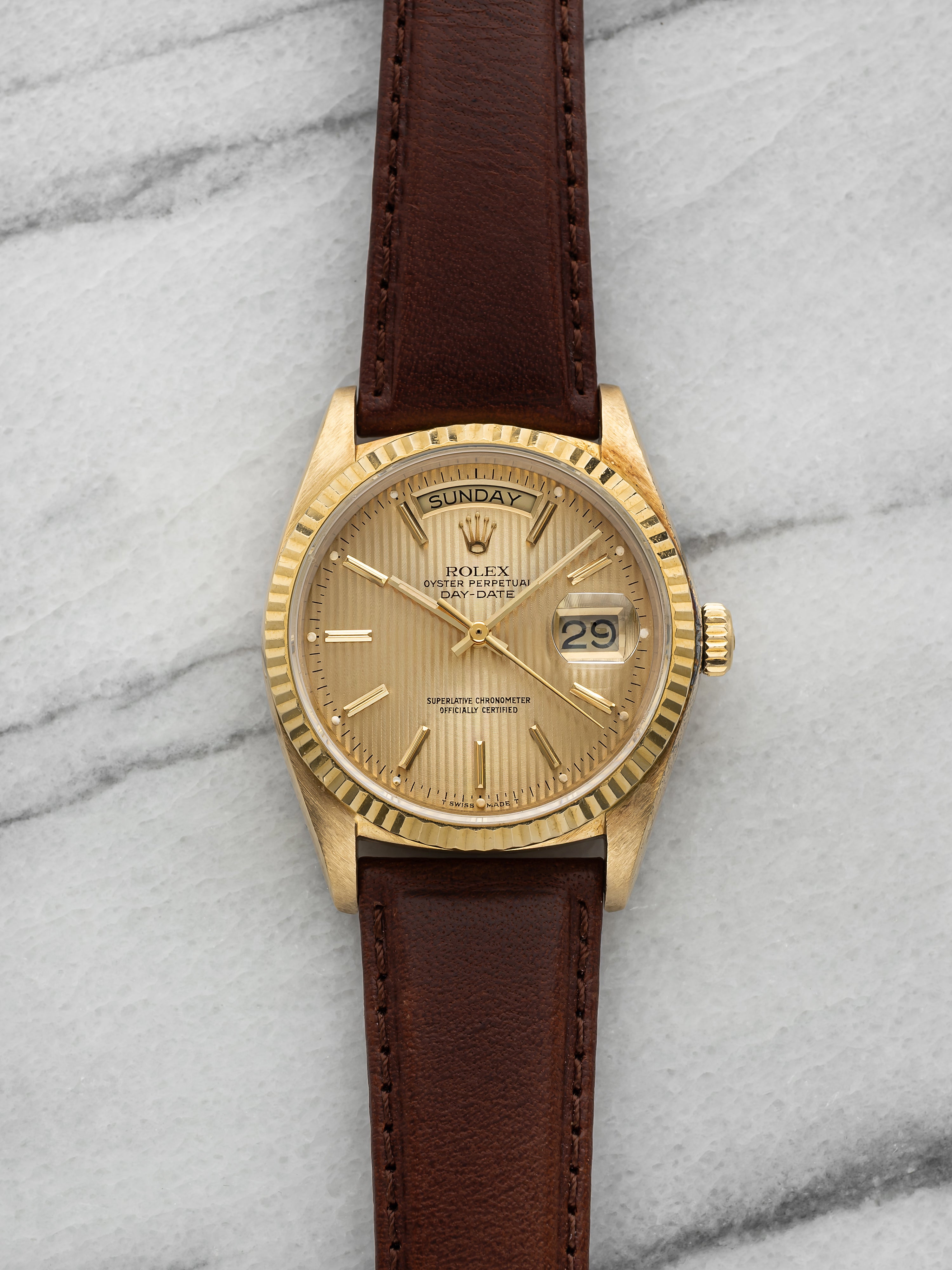 Vintage 1979 Rolex Day-Date 18038 18K YG Champagne Tapestry Dial Automatic 36mm