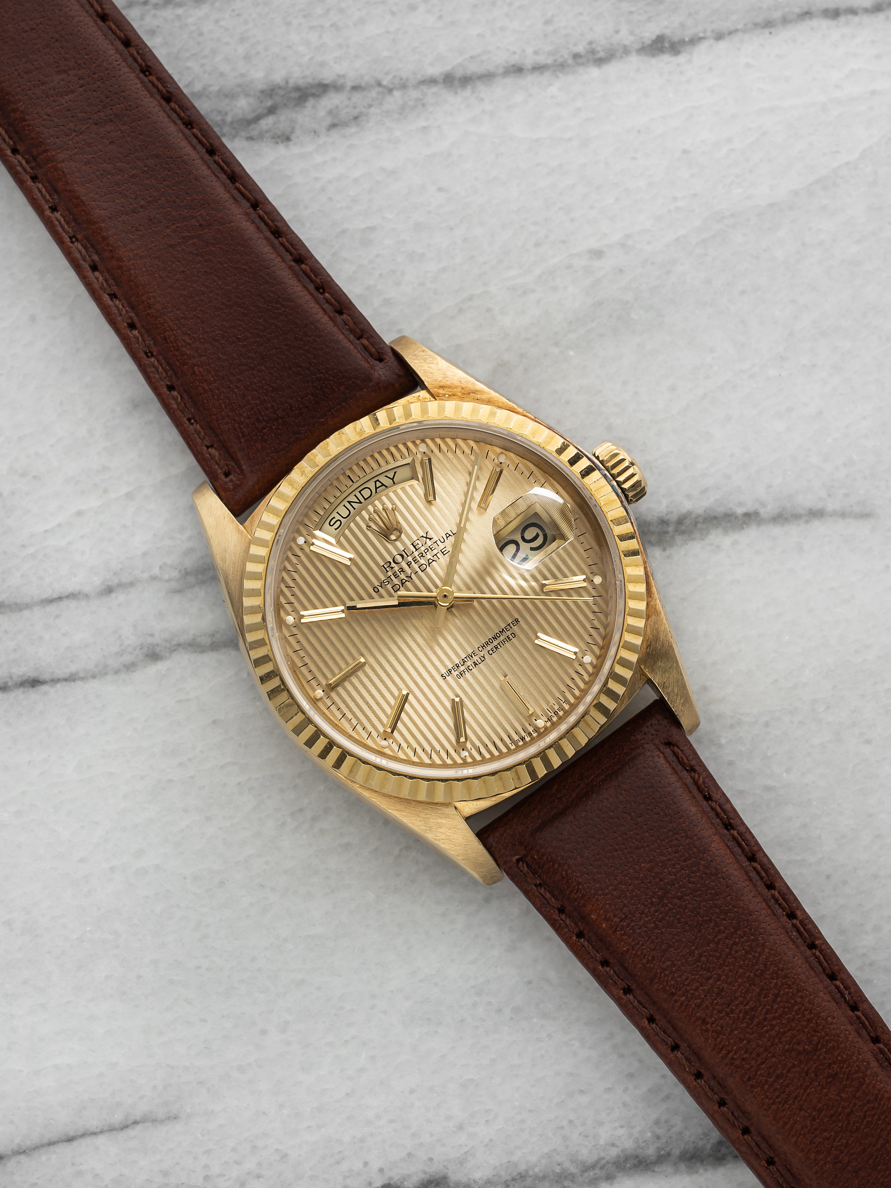 Vintage 1979 Rolex Day-Date 18038 18K YG Champagne Tapestry Dial Automatic 36mm