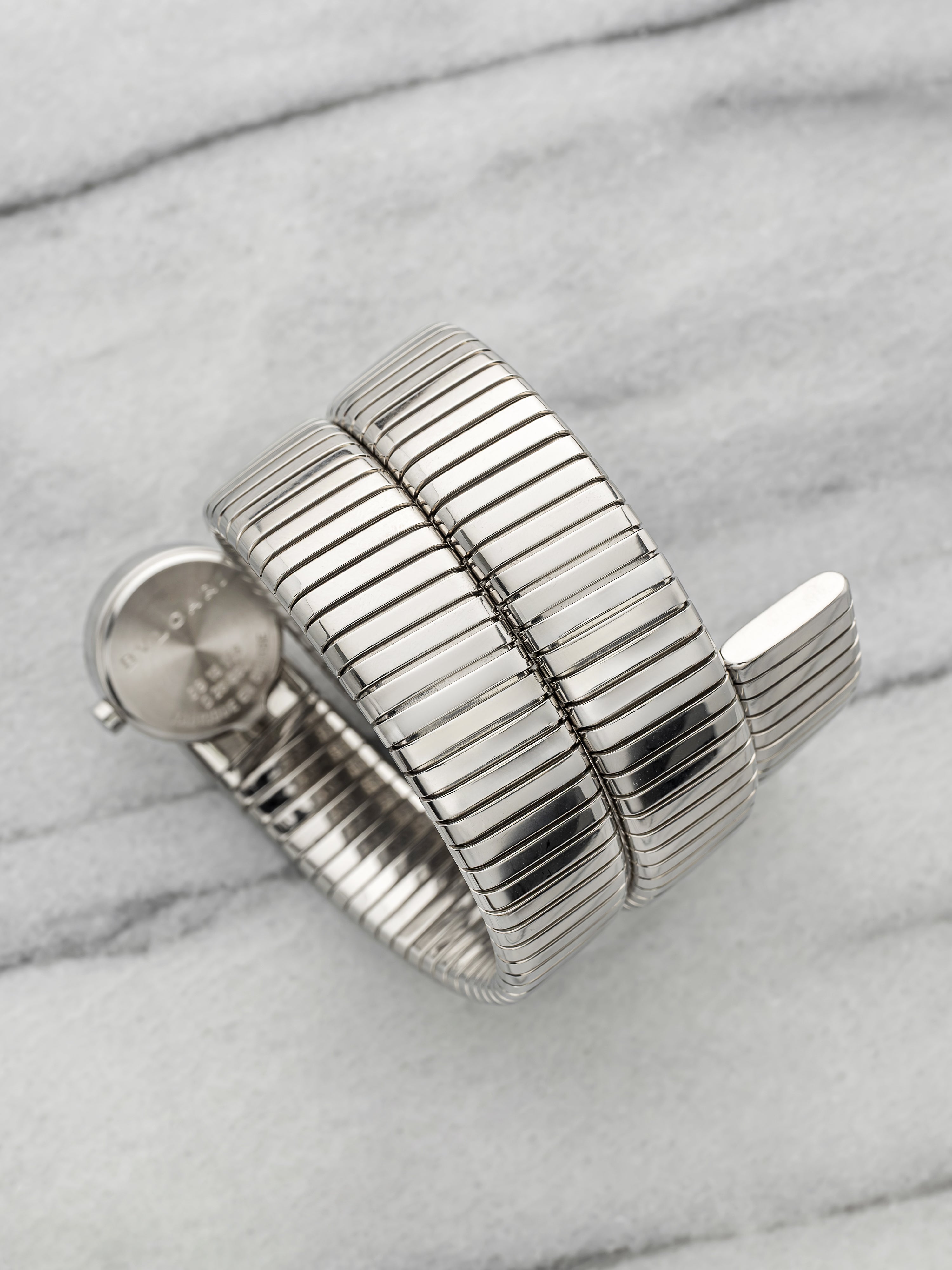 BVLGARI Lady Serpenti Tubogas BB191TS - Stainless Steel Triple Wrap Cuff Black Diamond Dial