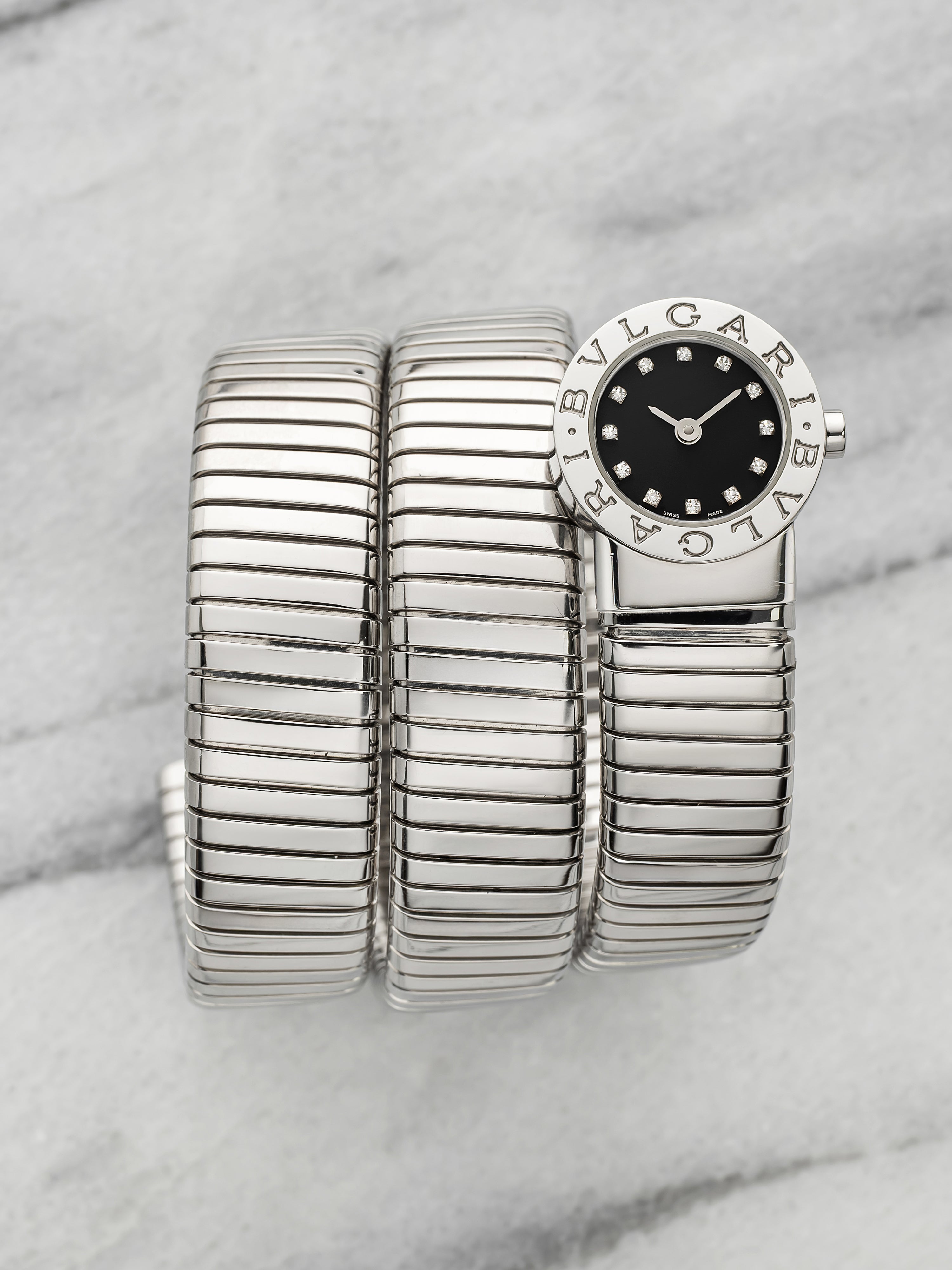 BVLGARI Lady Serpenti Tubogas BB191TS - Stainless Steel Triple Wrap Cuff Black Diamond Dial