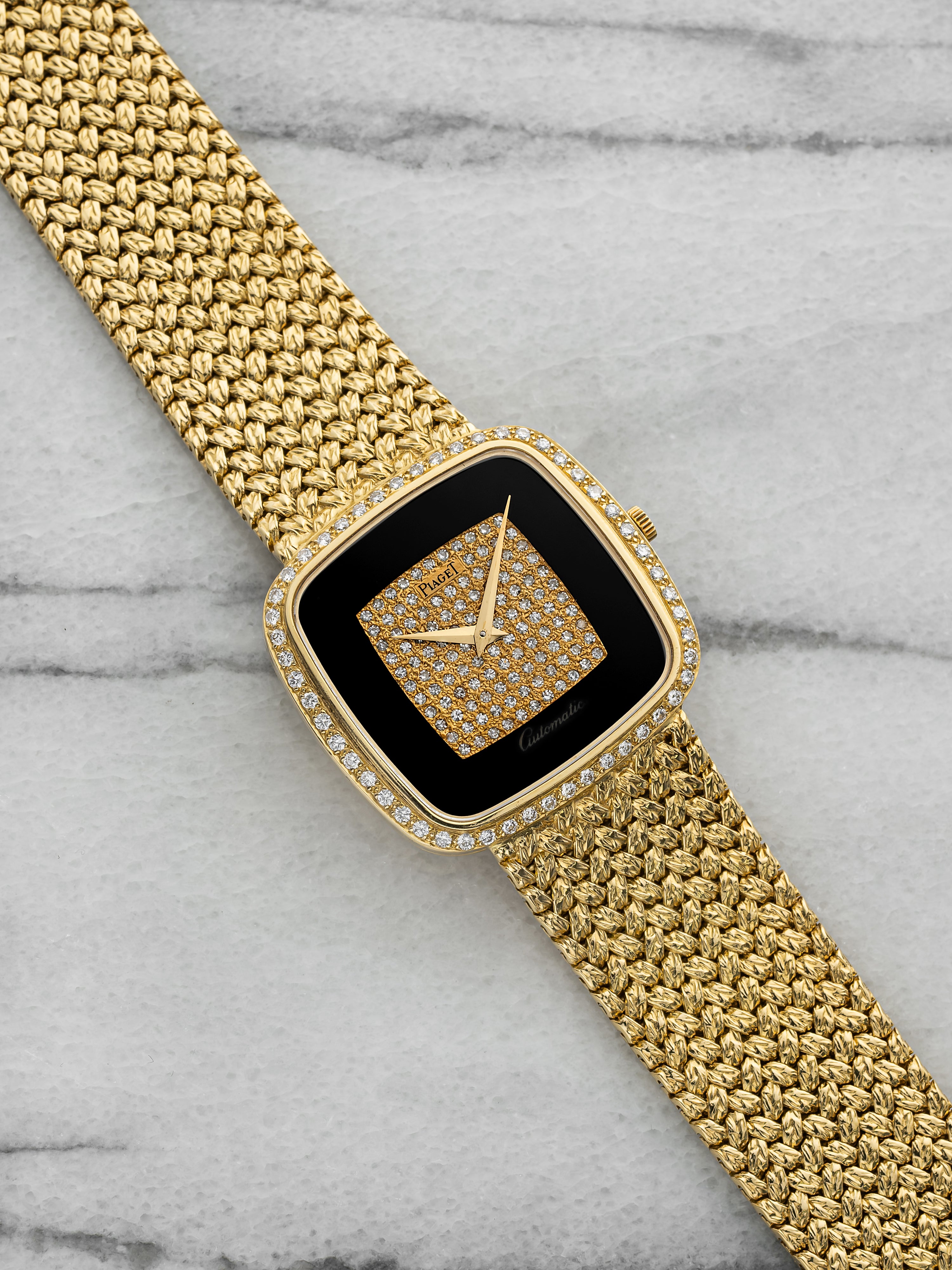 Vintage 1970s Piaget 12775D2 18K YG Onyx Pave Diamond Dial Automatic 31 mm