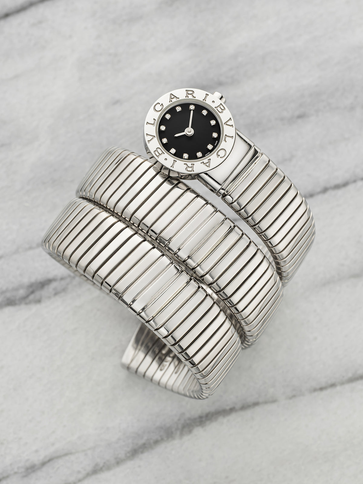 BVLGARI Lady Serpenti Tubogas BB191TS - Stainless Steel Triple Wrap Cuff Black Diamond Dial