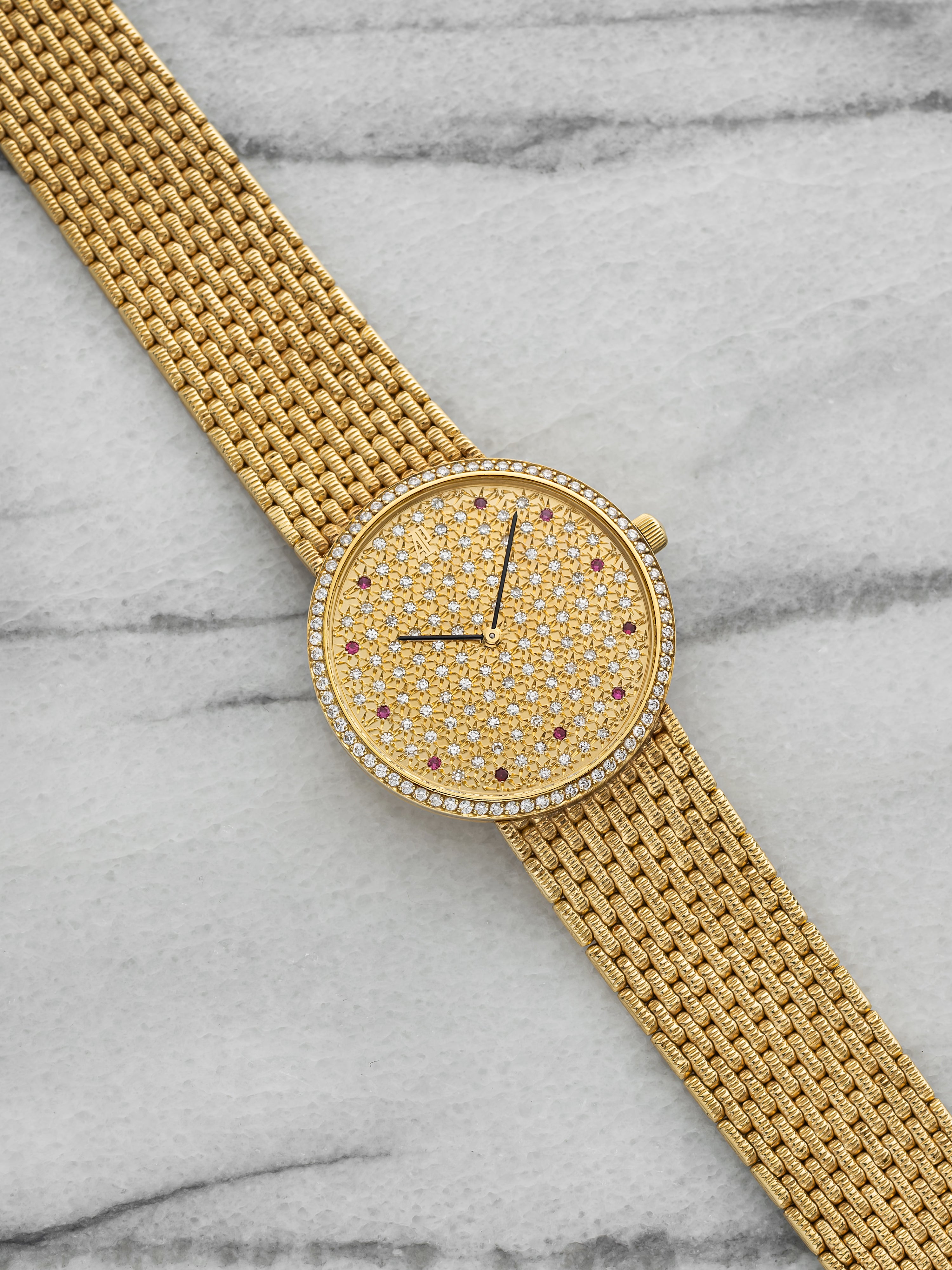 Vintage 1980s Audemars Piguet Cobra 18K YG Pave Diamond Ruby Dial Manual 31 mm