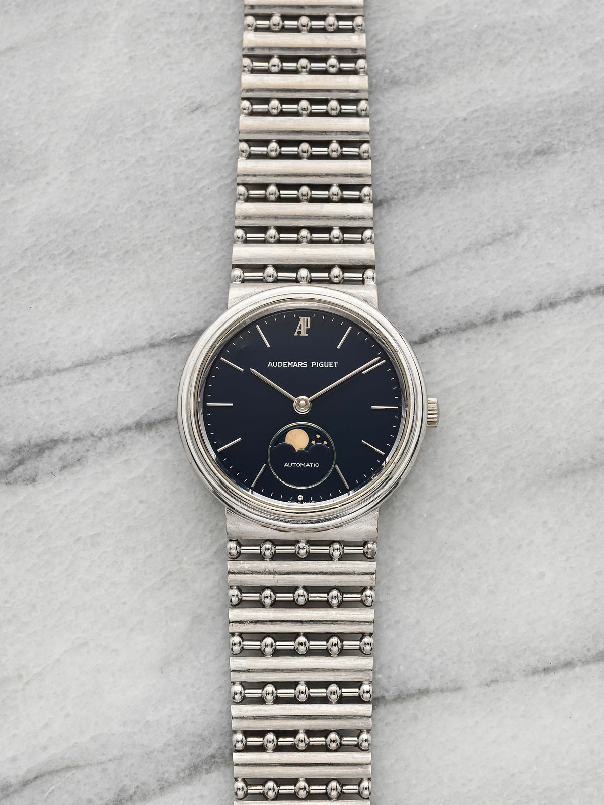 Vintage 1980s Audemars Piguet Moonphase 18K White Gold Navy Dial Automatic 33mm