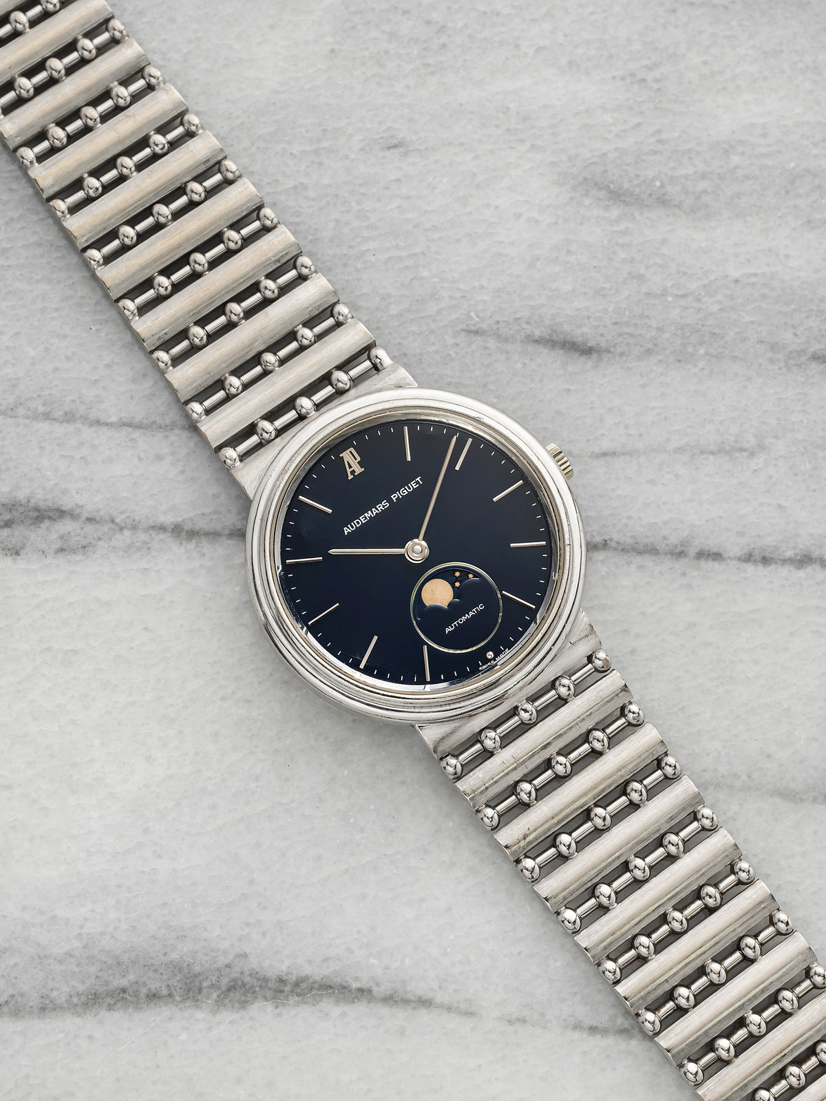 Vintage 1980s Audemars Piguet Moonphase 18K White Gold Navy Dial Automatic 33mm